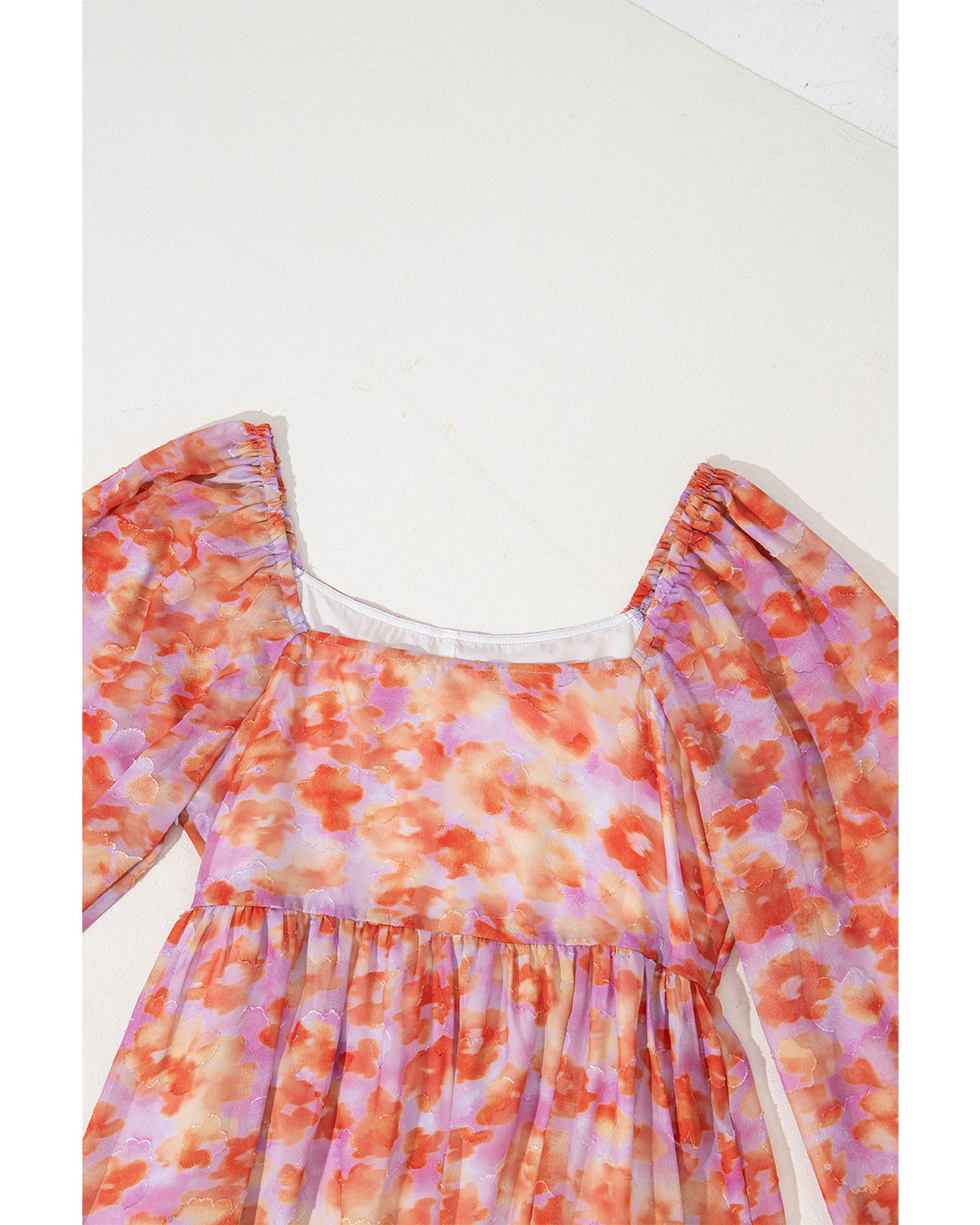 Rose Floral Print Square Neck High Waist Mini Dress - M