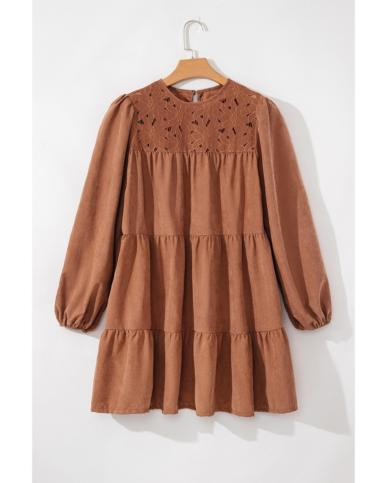 Chestnut Floral Lace Crochet Tiered Ruffled Mini Dress - L