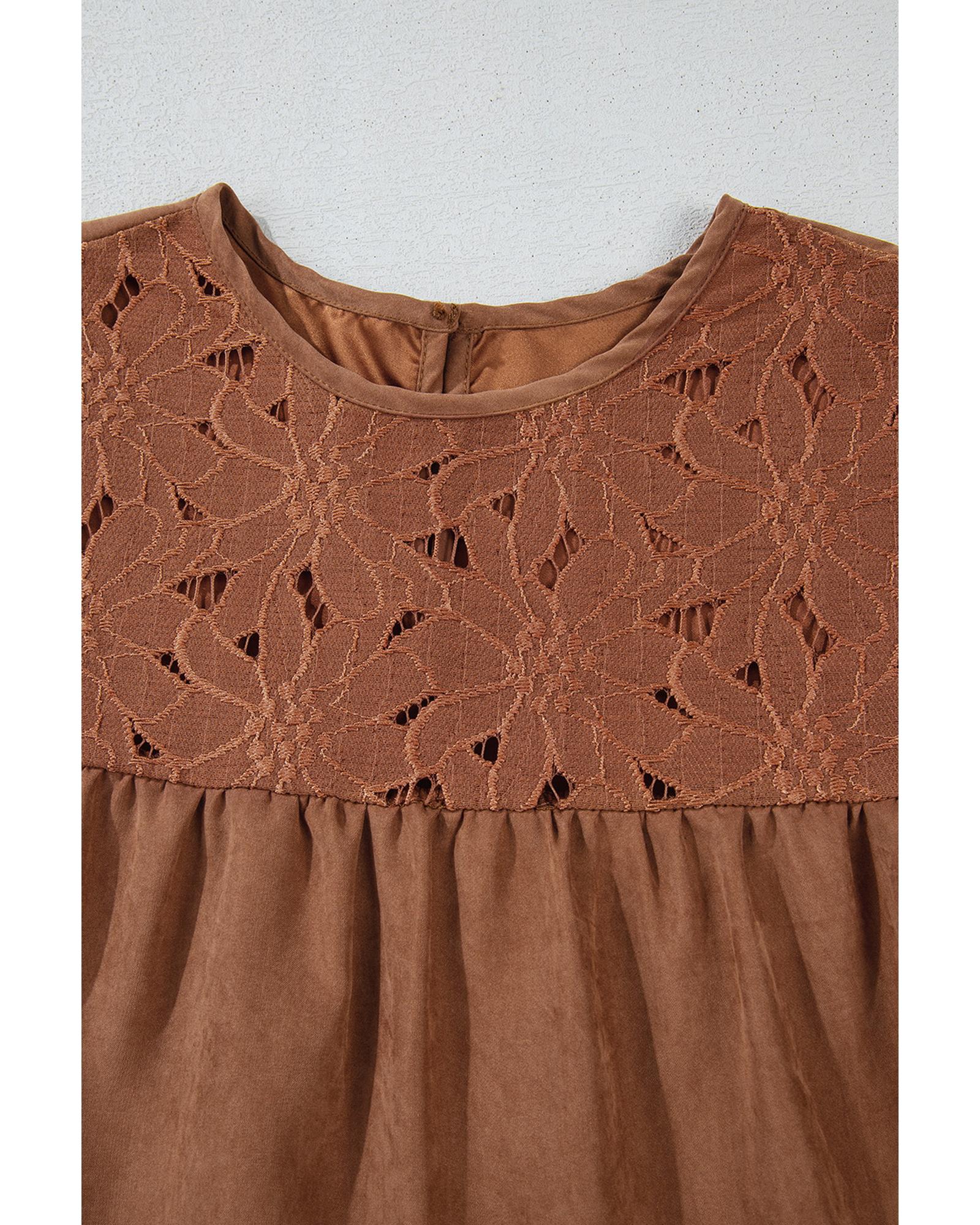 Chestnut Floral Lace Crochet Tiered Ruffled Mini Dress - M