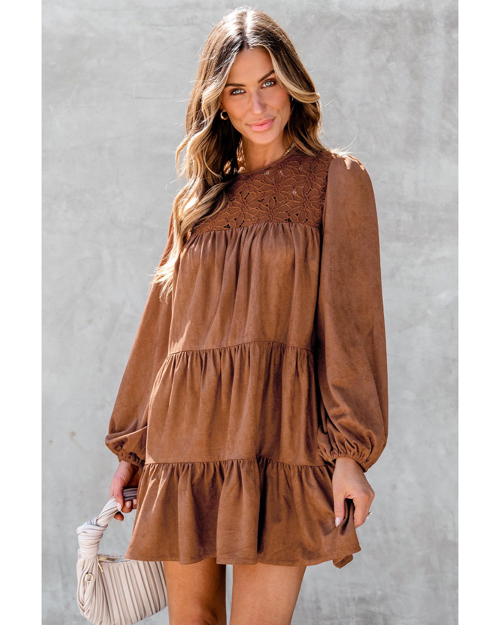 Chestnut Floral Lace Crochet Tiered Ruffled Mini Dress - S
