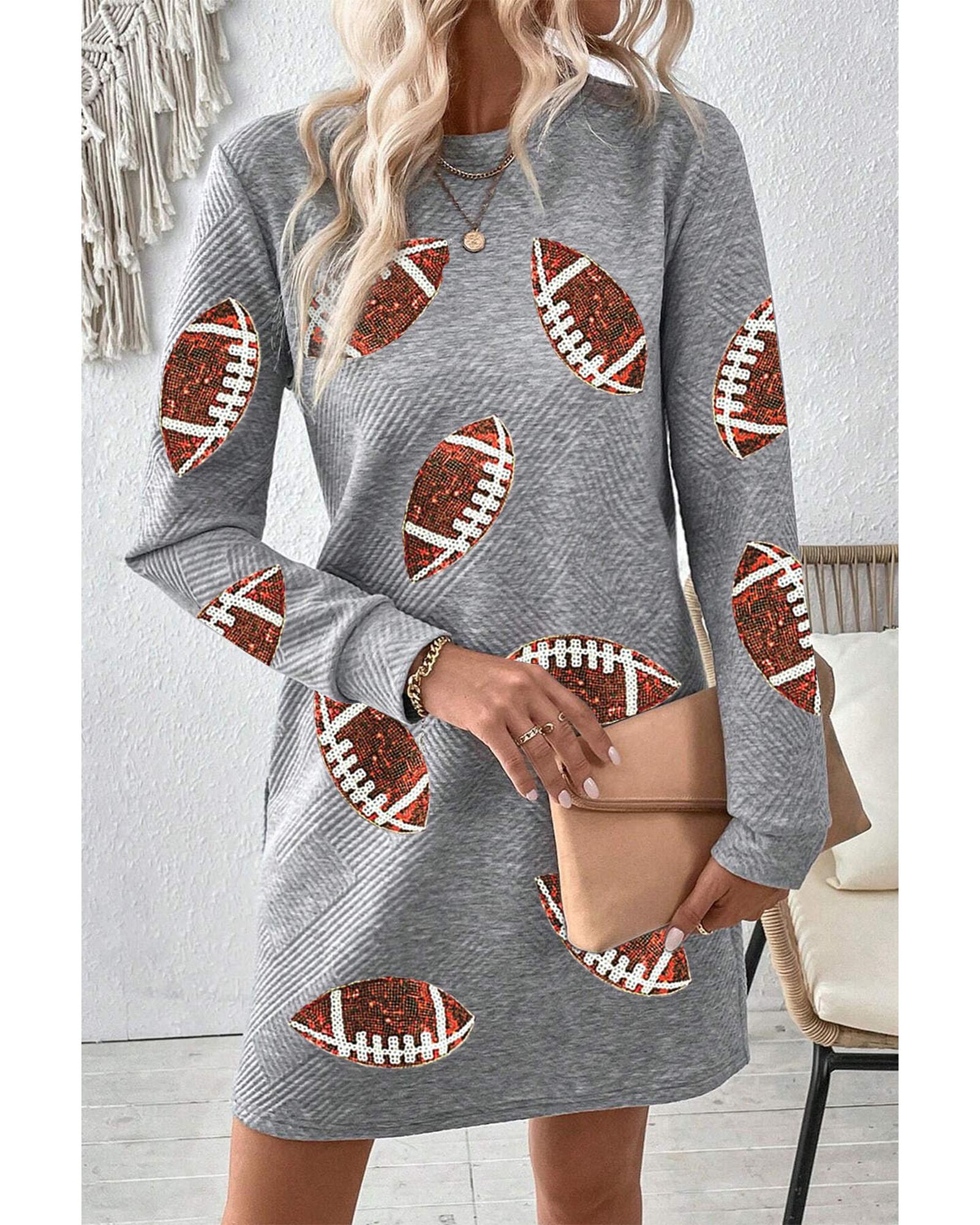 Gray Sequin Rugby Football Graphic Textured Long Sleeve Shift Mini Dress - XL