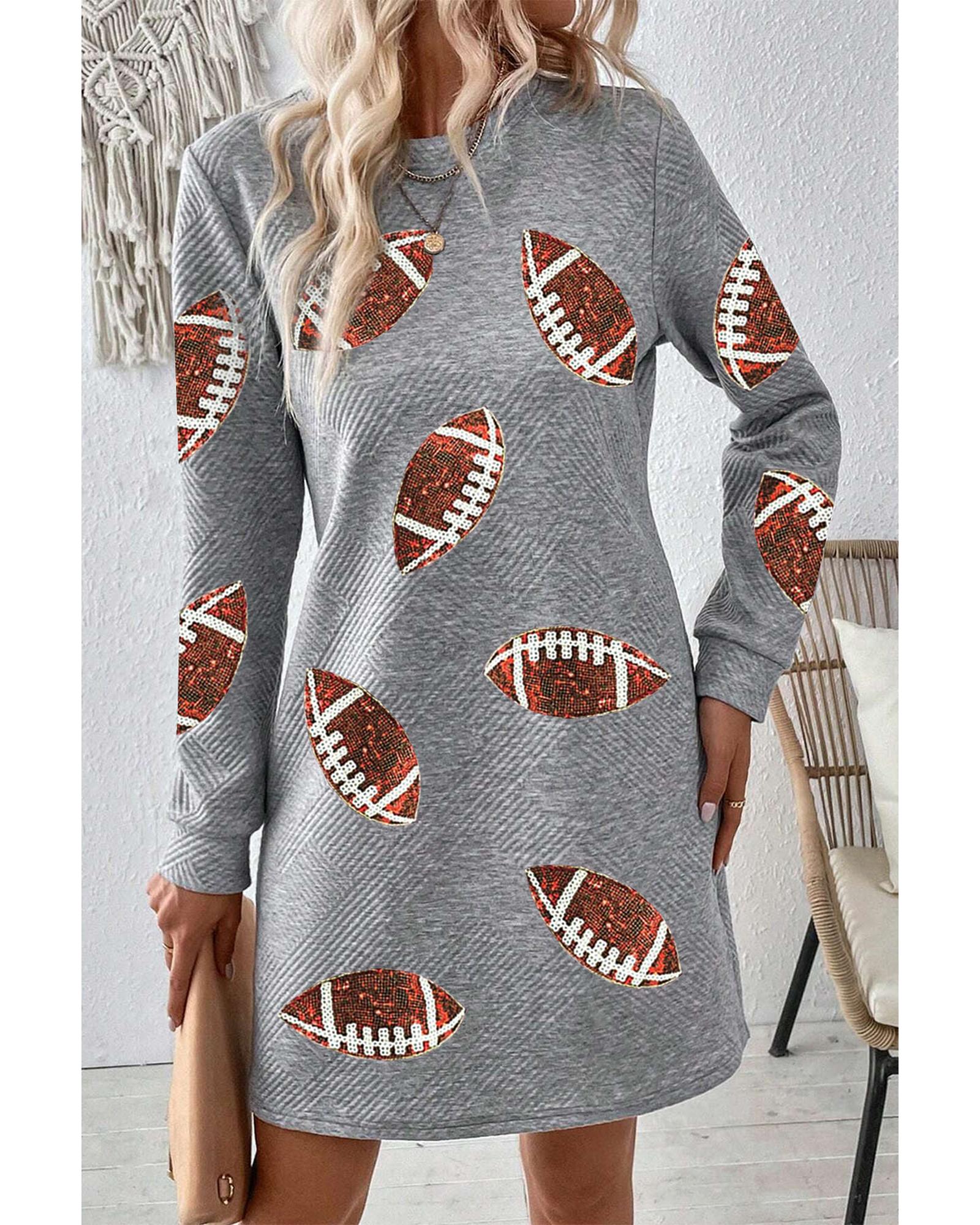 Gray Sequin Rugby Football Graphic Textured Long Sleeve Shift Mini Dress - XL