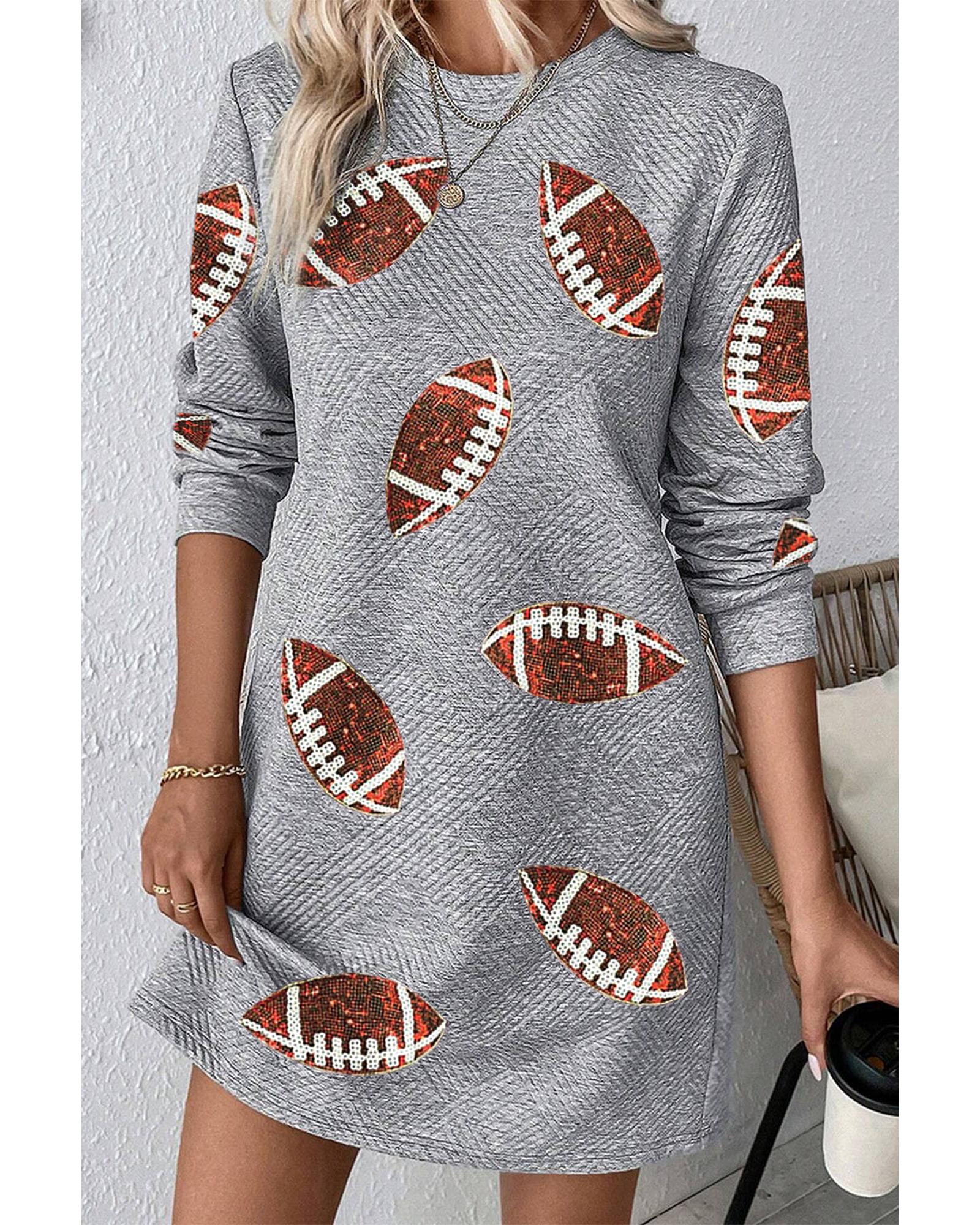 Gray Sequin Rugby Football Graphic Textured Long Sleeve Shift Mini Dress - XL