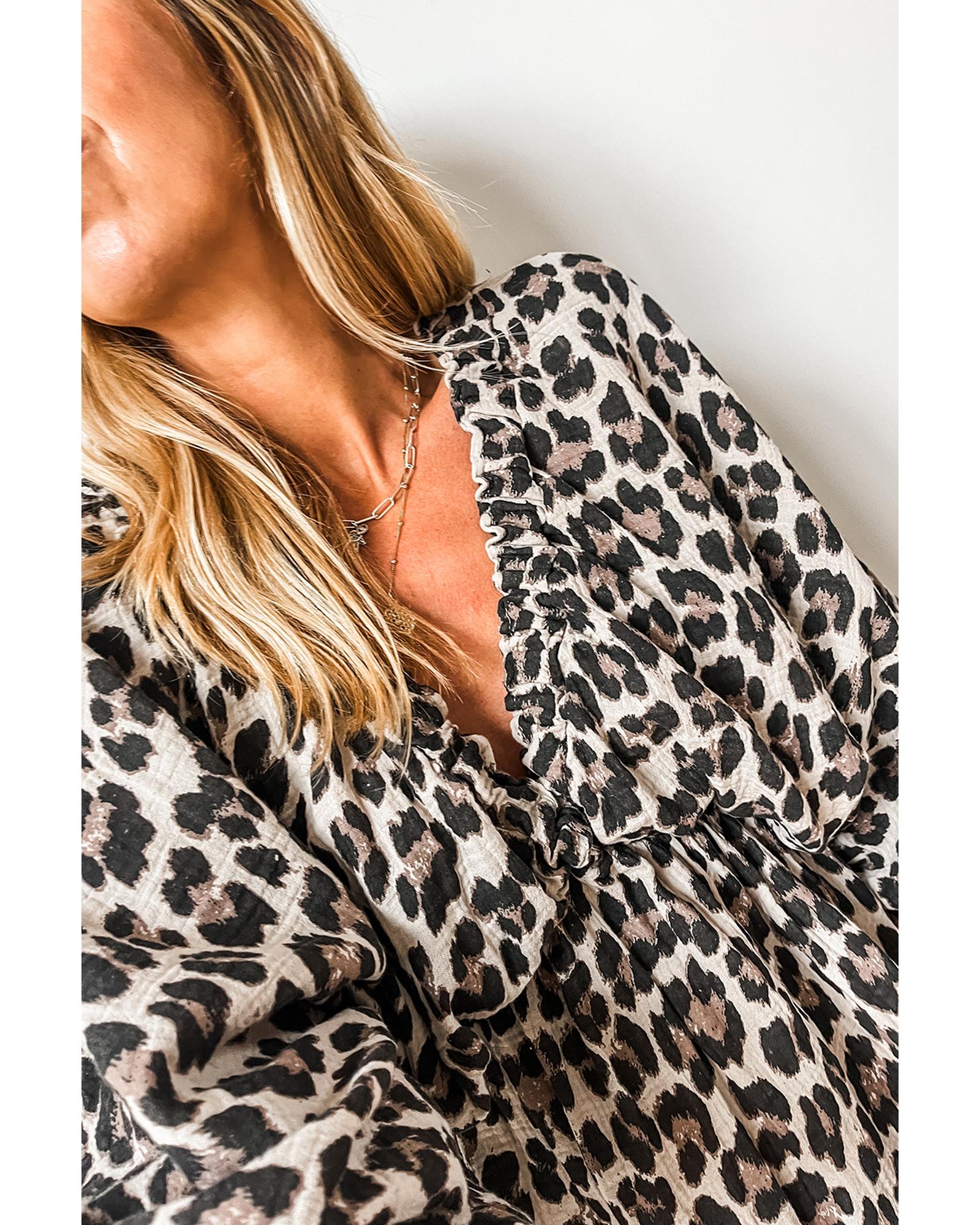 Black Leopard Print Elasticated V Neck 3/4 Puff Sleeve Dress - L