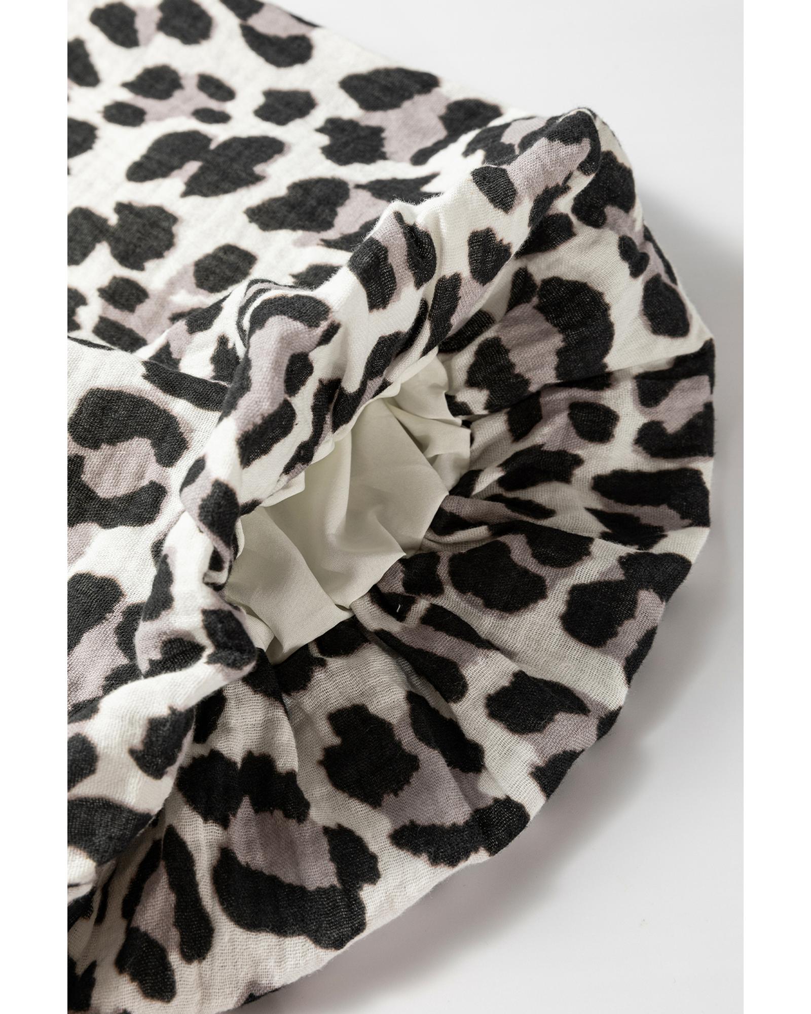 Black Leopard Print Elasticated V Neck 3/4 Puff Sleeve Dress - M