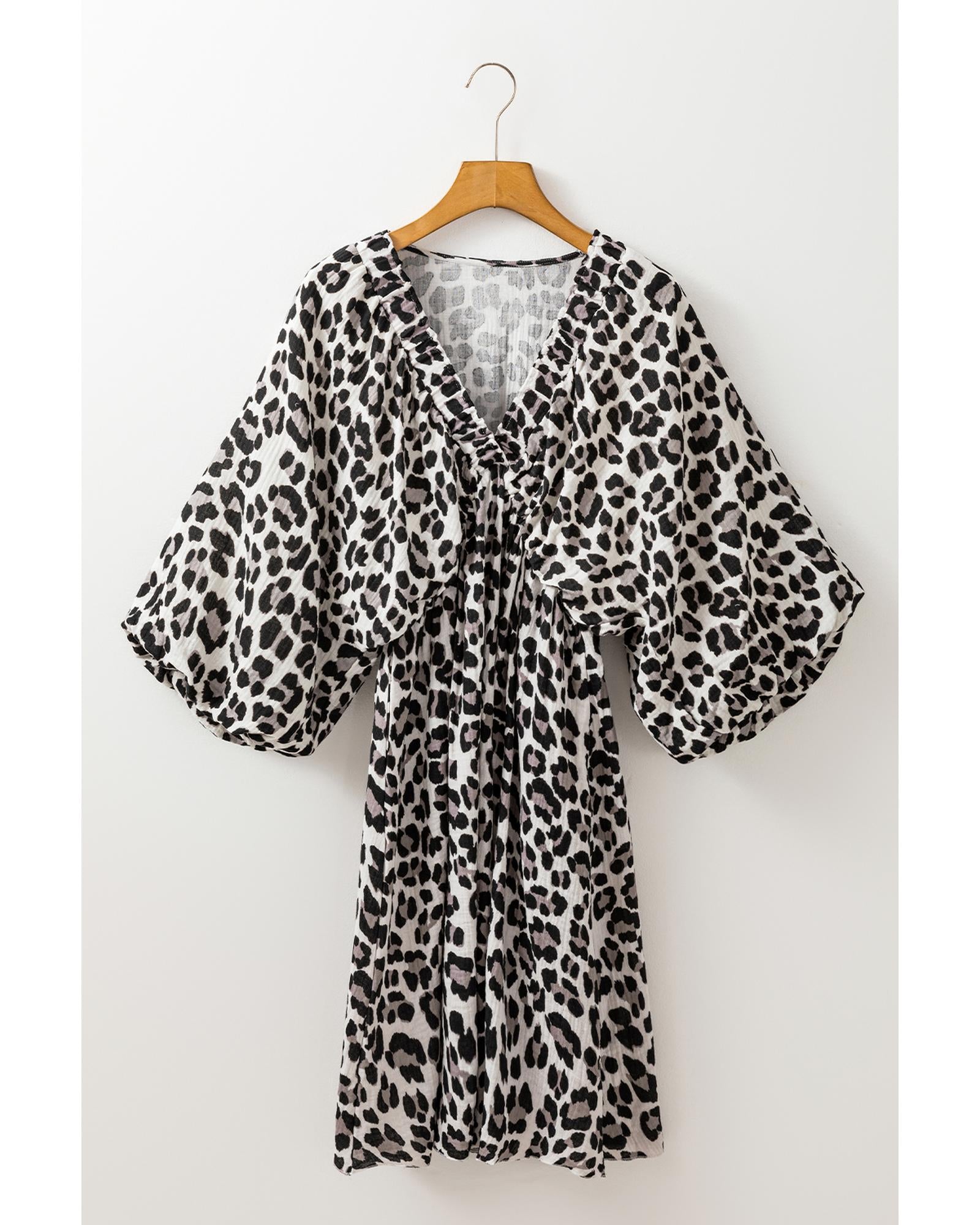 Black Leopard Print Elasticated V Neck 3/4 Puff Sleeve Dress - M