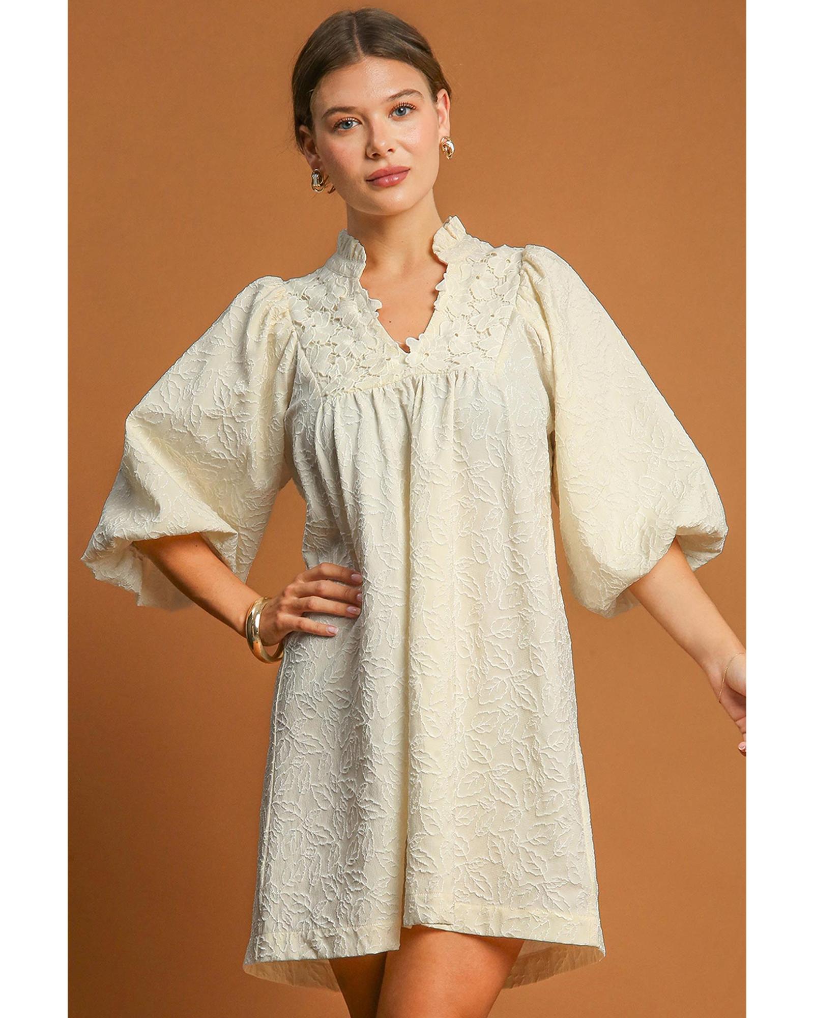 White Floral Textured Bubble Sleeve Frilled Notched Neck Dress - XL