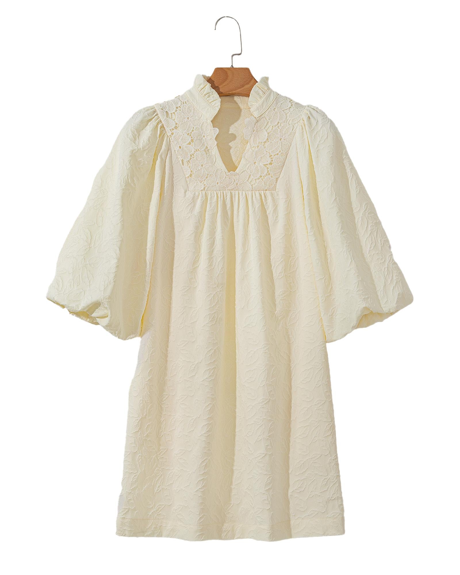 White Floral Textured Bubble Sleeve Frilled Notched Neck Dress - XL