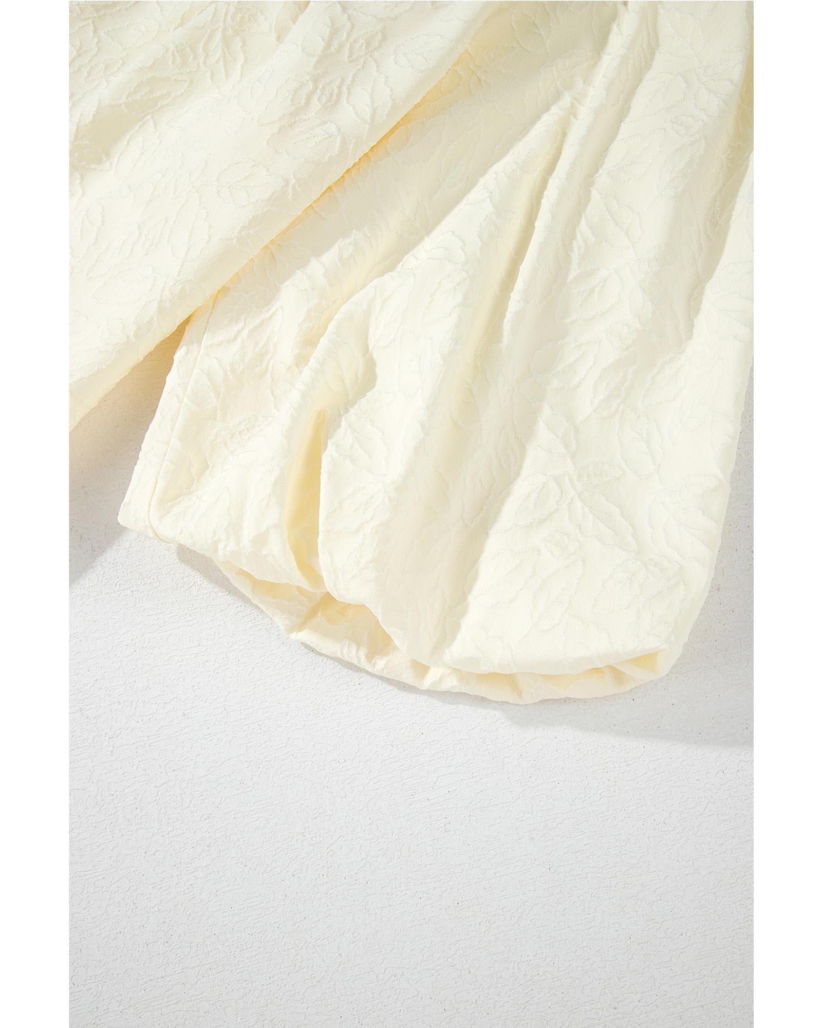 White Floral Textured Bubble Sleeve Frilled Notched Neck Dress - XL