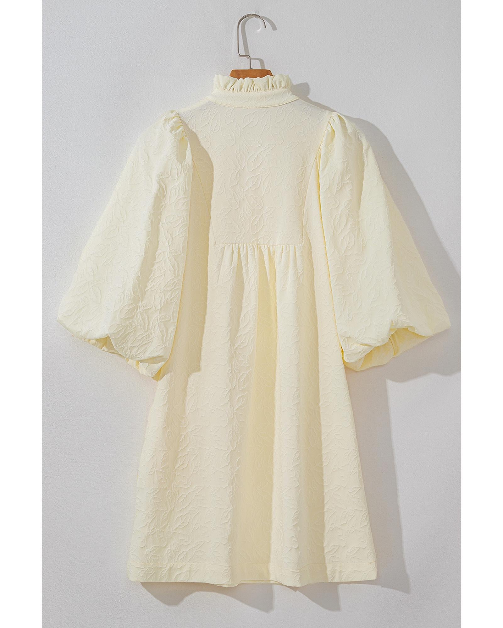 White Floral Textured Bubble Sleeve Frilled Notched Neck Dress - XL