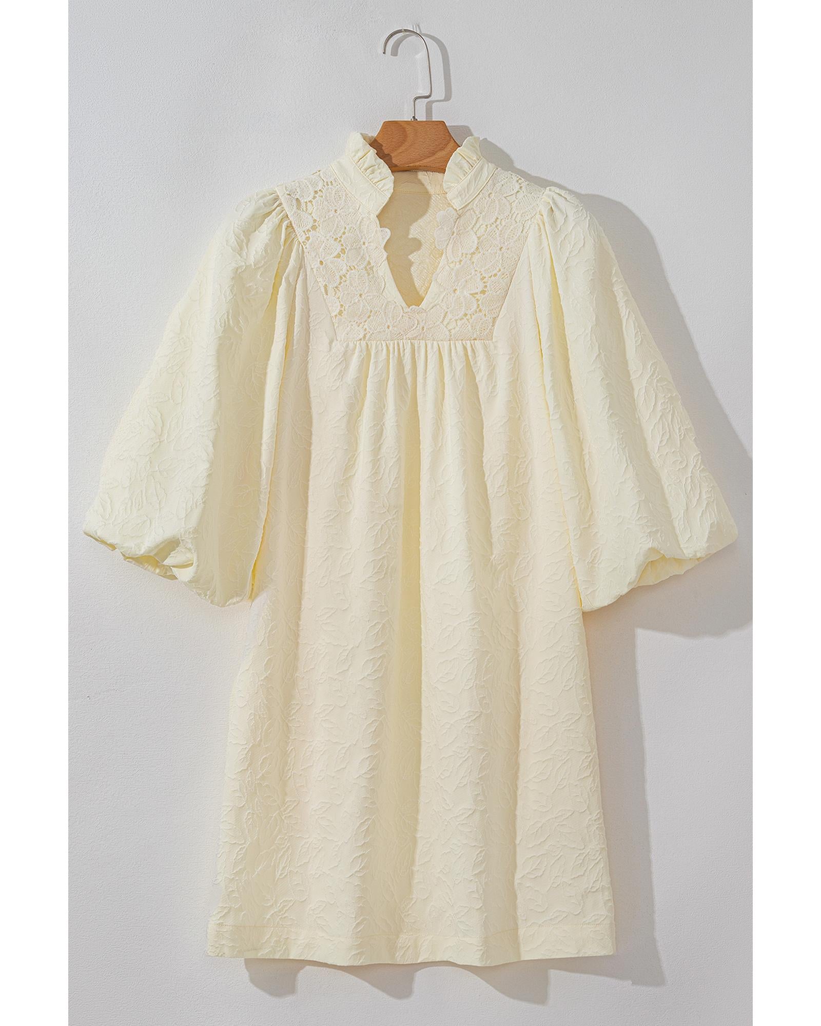 White Floral Textured Bubble Sleeve Frilled Notched Neck Dress - XL