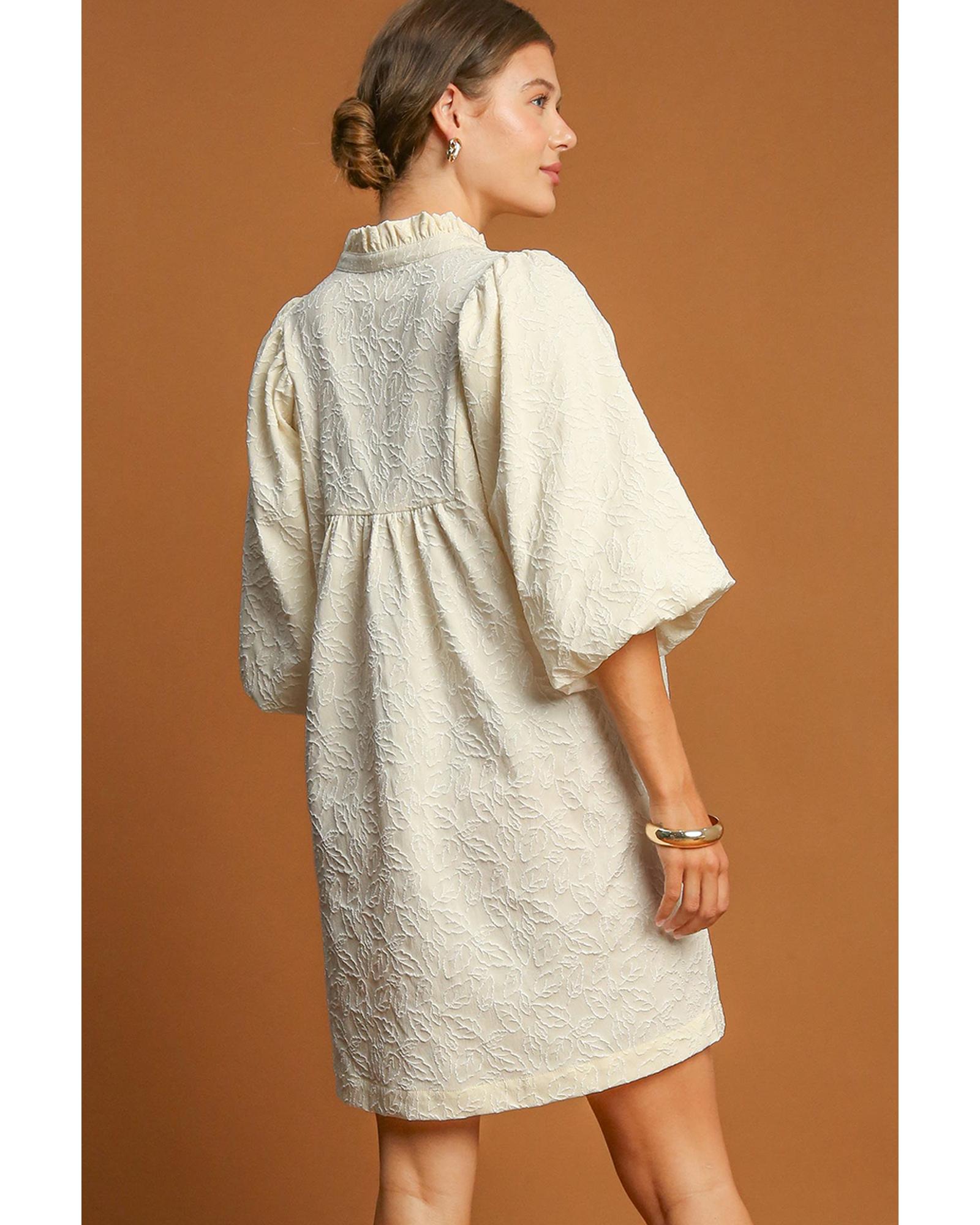 White Floral Textured Bubble Sleeve Frilled Notched Neck Dress - XL