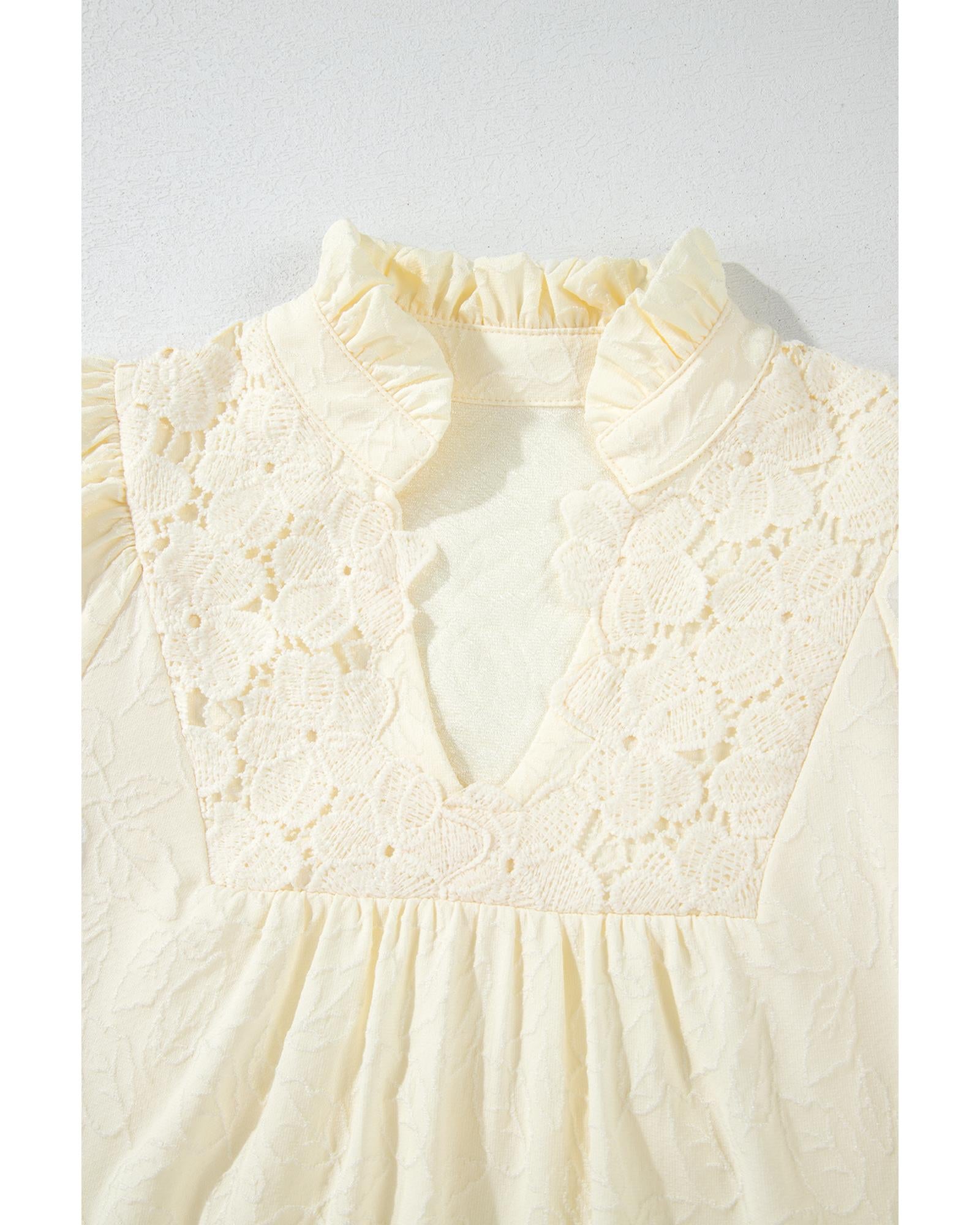 White Floral Textured Bubble Sleeve Frilled Notched Neck Dress - XL