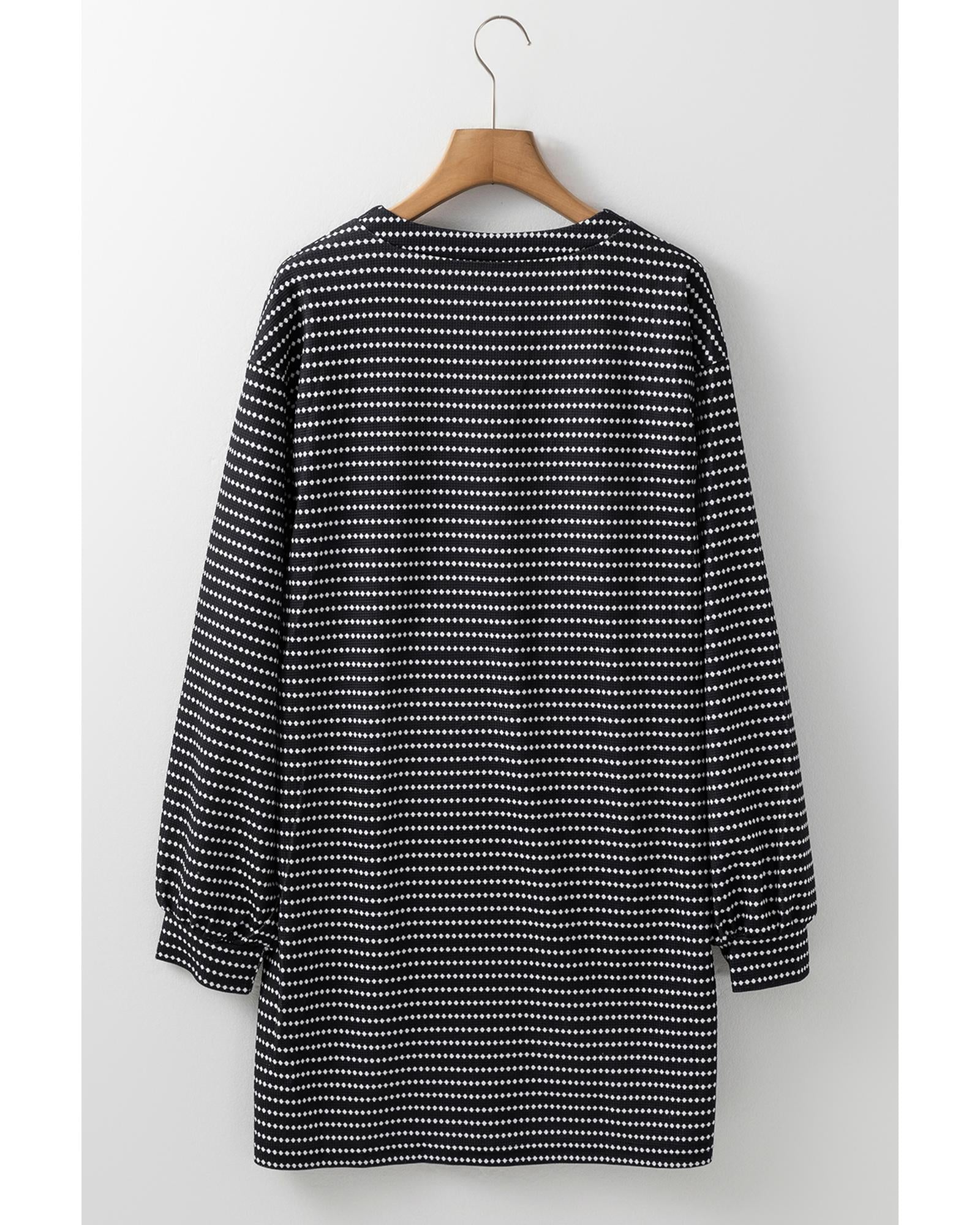 Black Striped V Neck Long Puff Sleeve Shift Dress - L