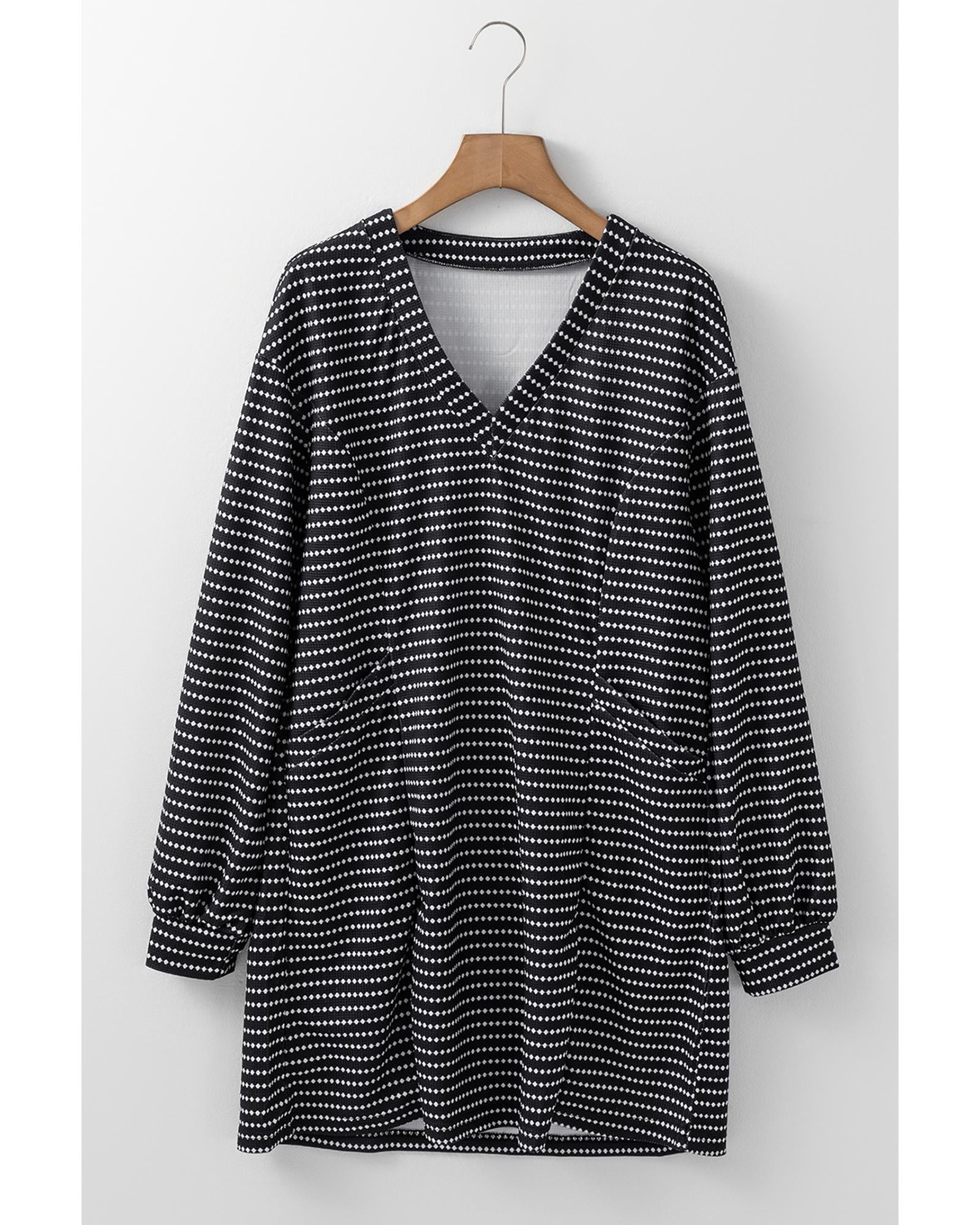 Black Striped V Neck Long Puff Sleeve Shift Dress - M