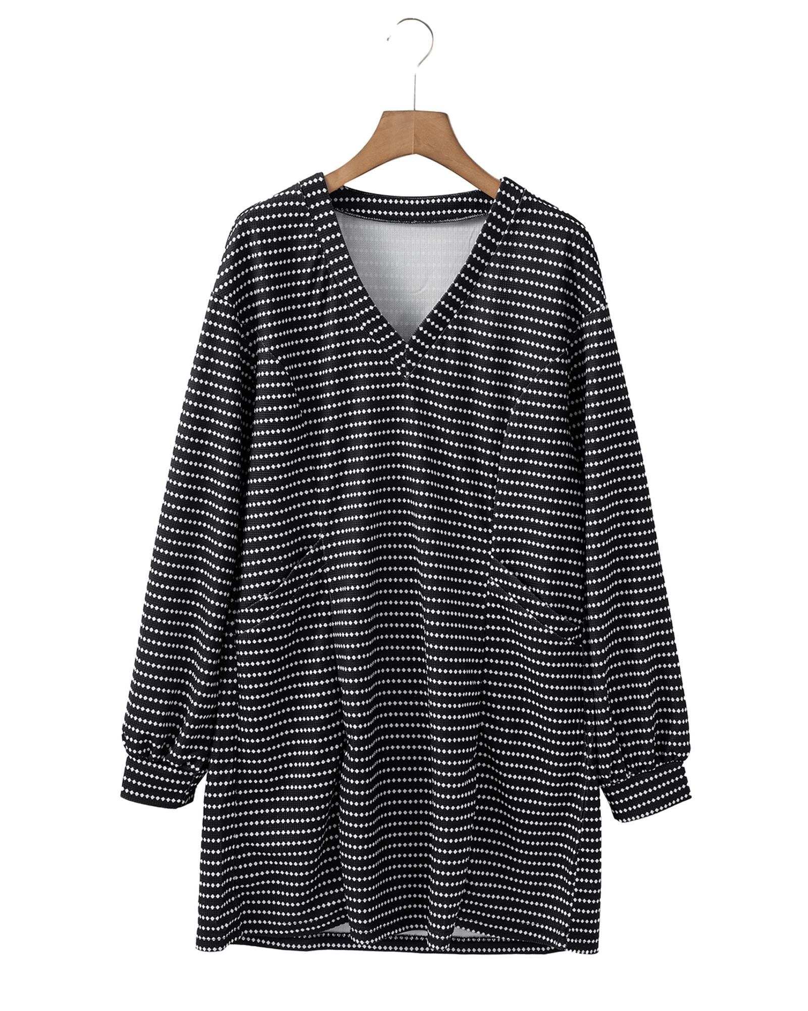 Black Striped V Neck Long Puff Sleeve Shift Dress - S