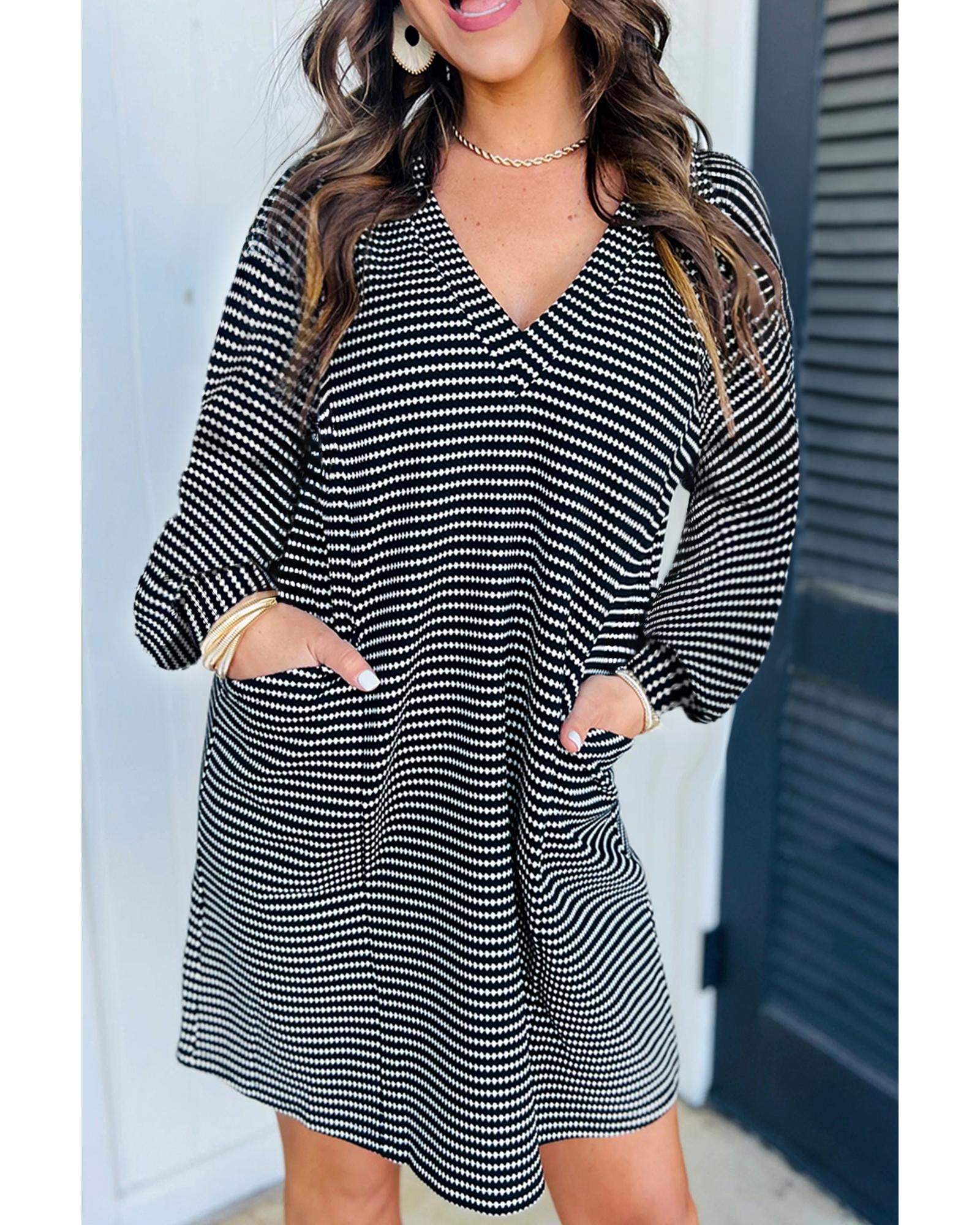 Black Striped V Neck Long Puff Sleeve Shift Dress - S