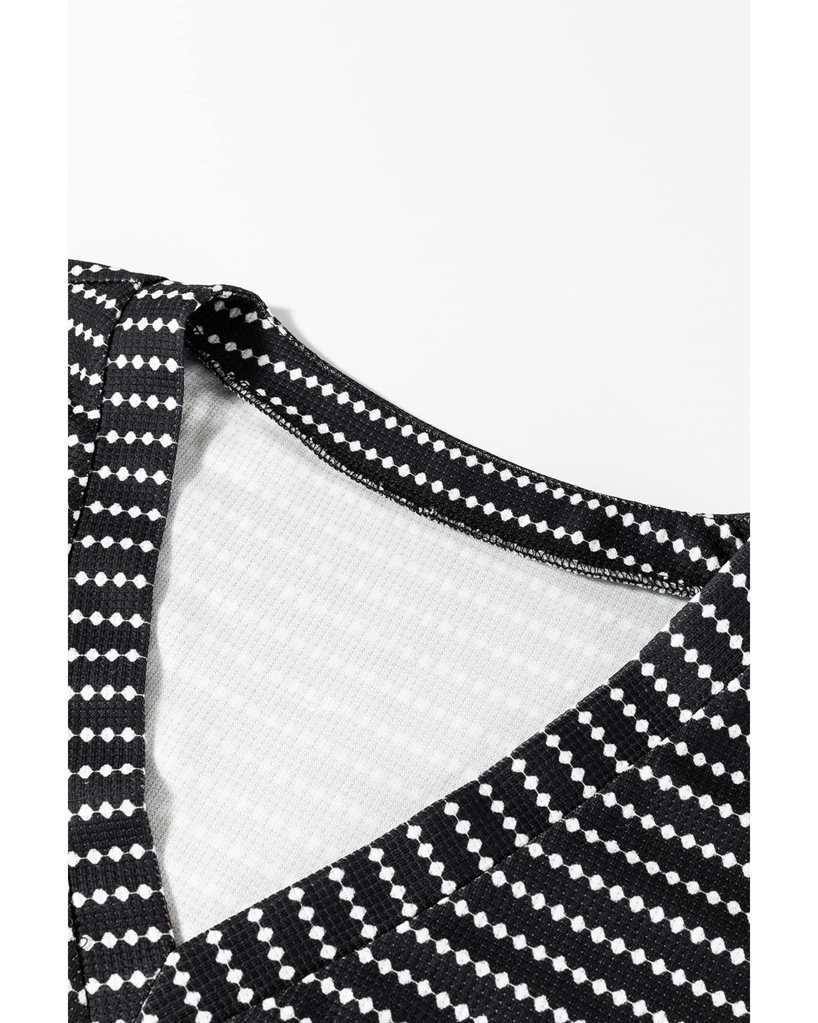 Black Striped V Neck Long Puff Sleeve Shift Dress - S