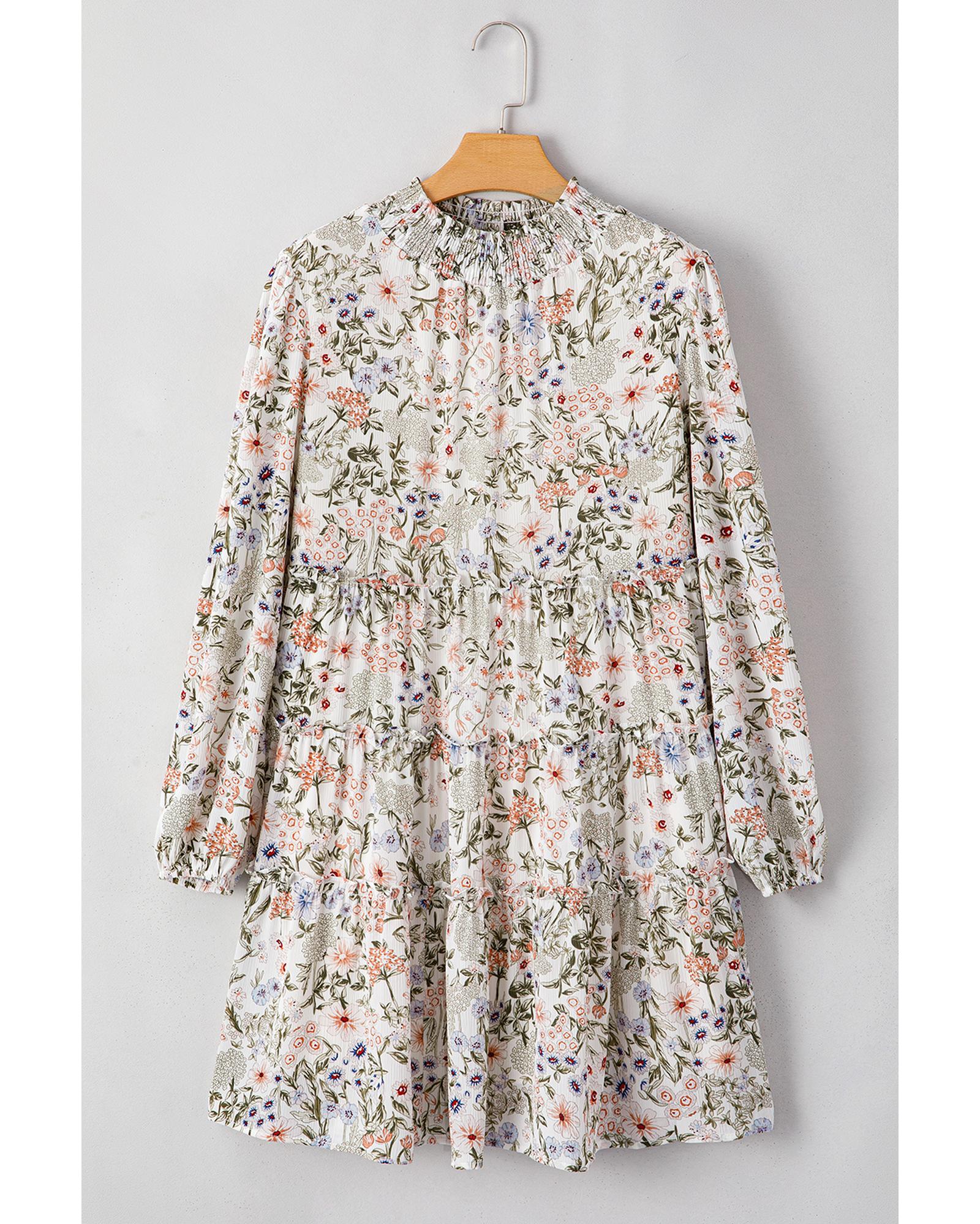 Green Floral Print Tiered Frilled Shirred Mock Neck Mini Dress - M