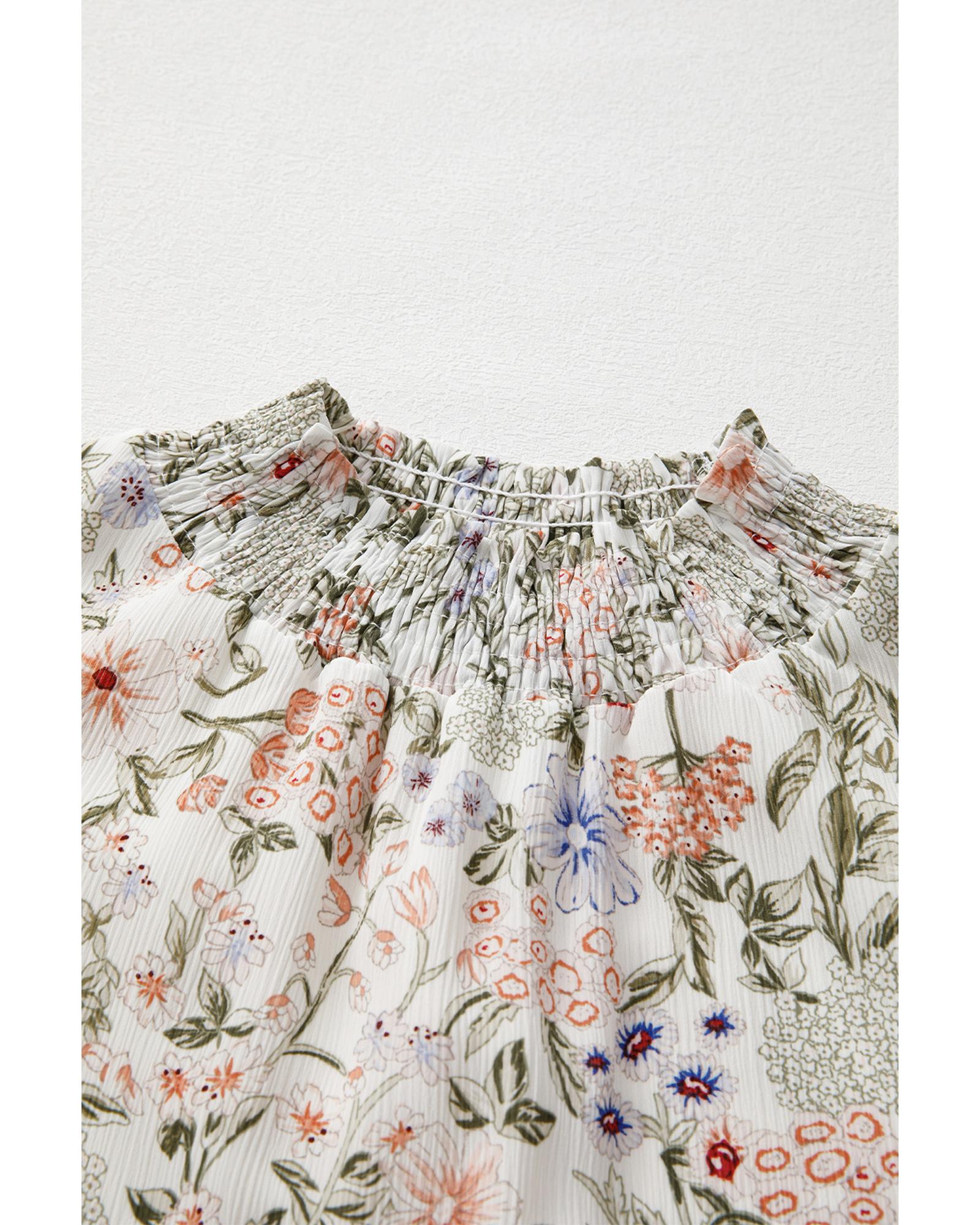 Green Floral Print Tiered Frilled Shirred Mock Neck Mini Dress - M