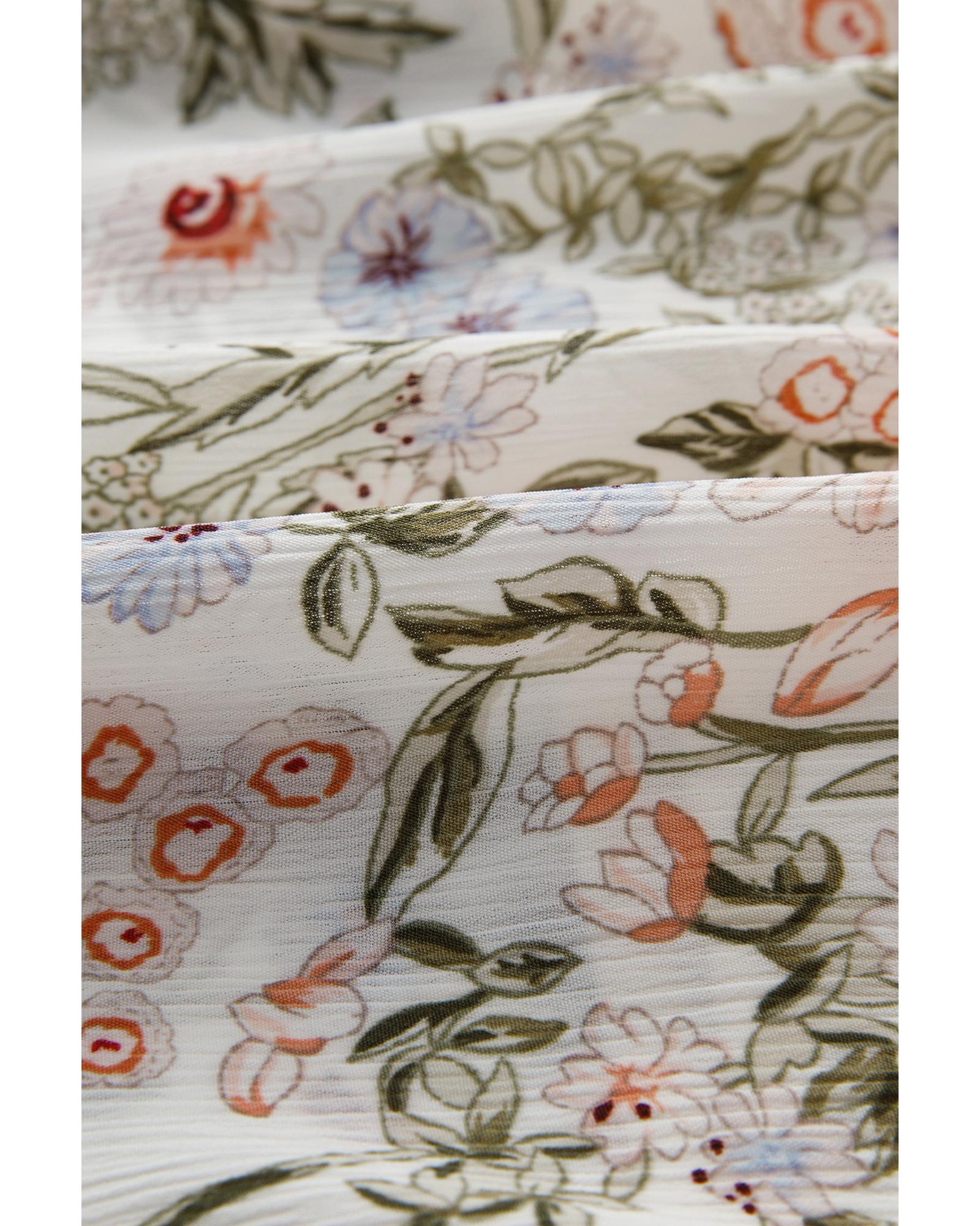 Green Floral Print Tiered Frilled Shirred Mock Neck Mini Dress - M