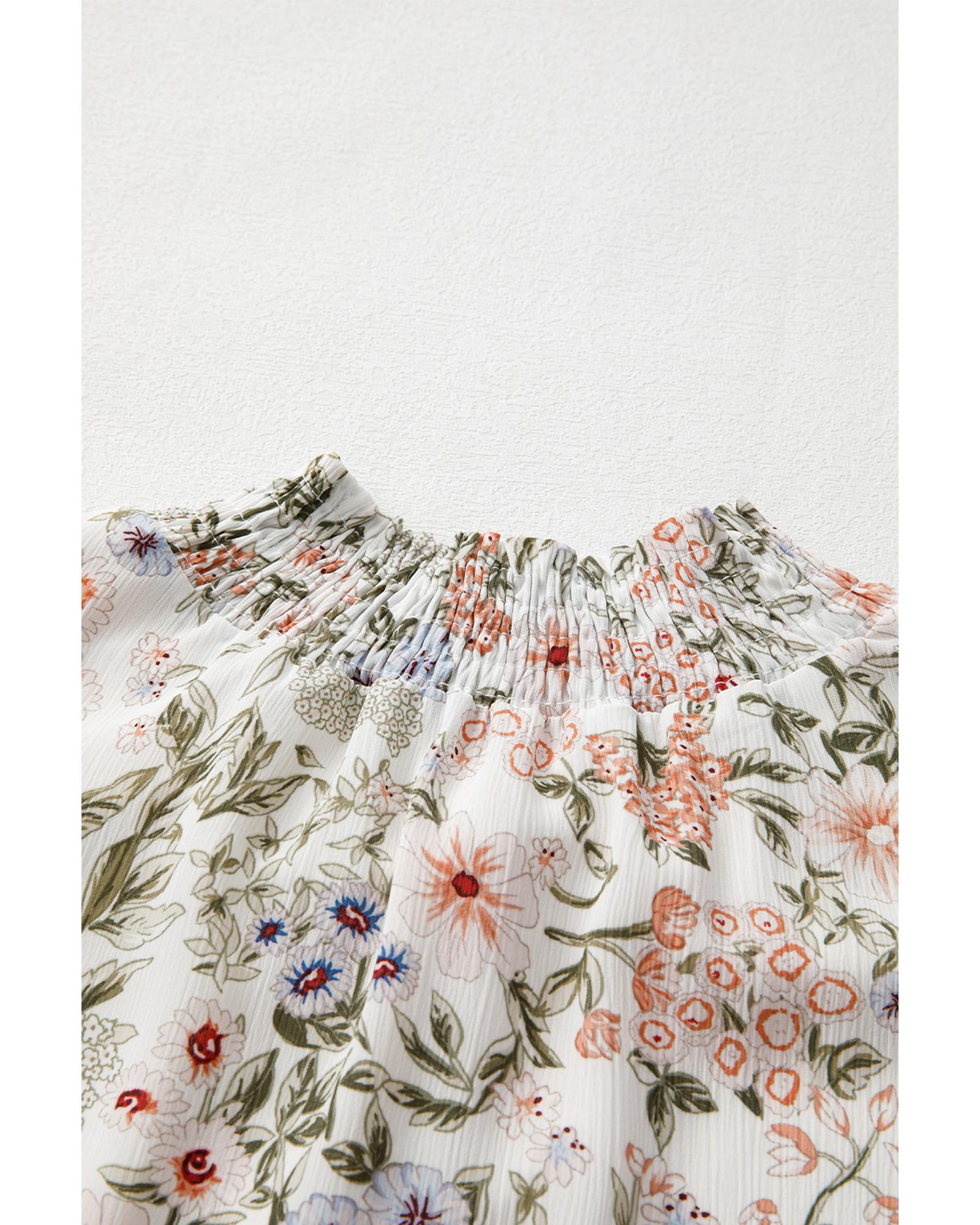 Green Floral Print Tiered Frilled Shirred Mock Neck Mini Dress - S