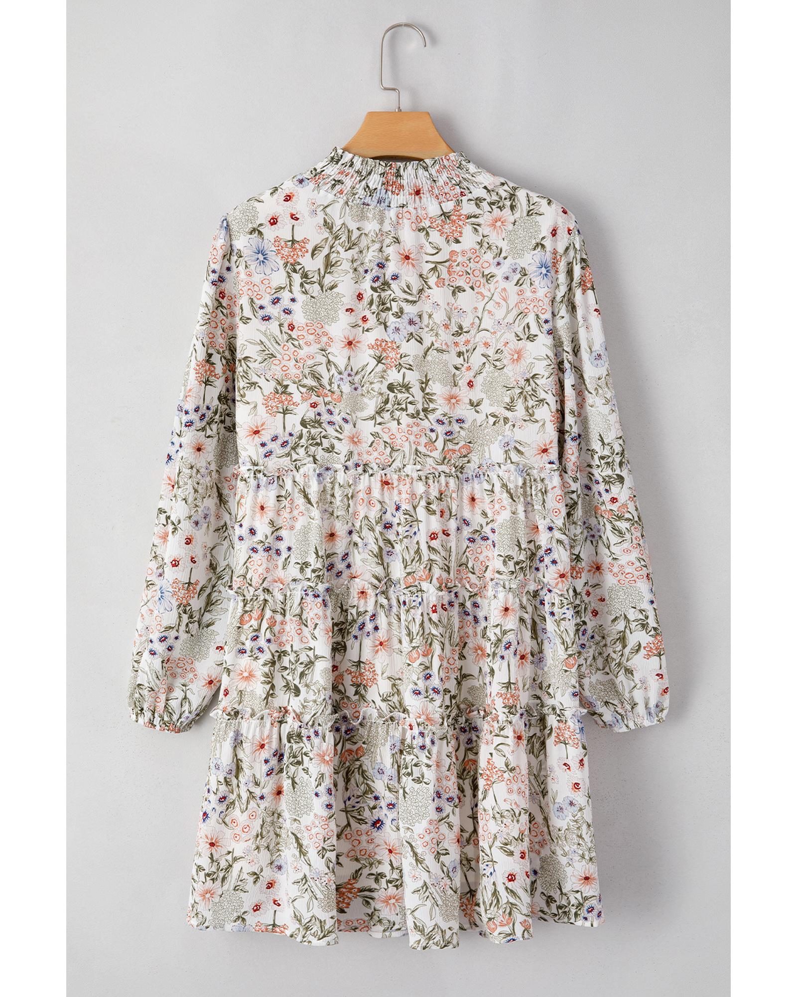 Green Floral Print Tiered Frilled Shirred Mock Neck Mini Dress - XL