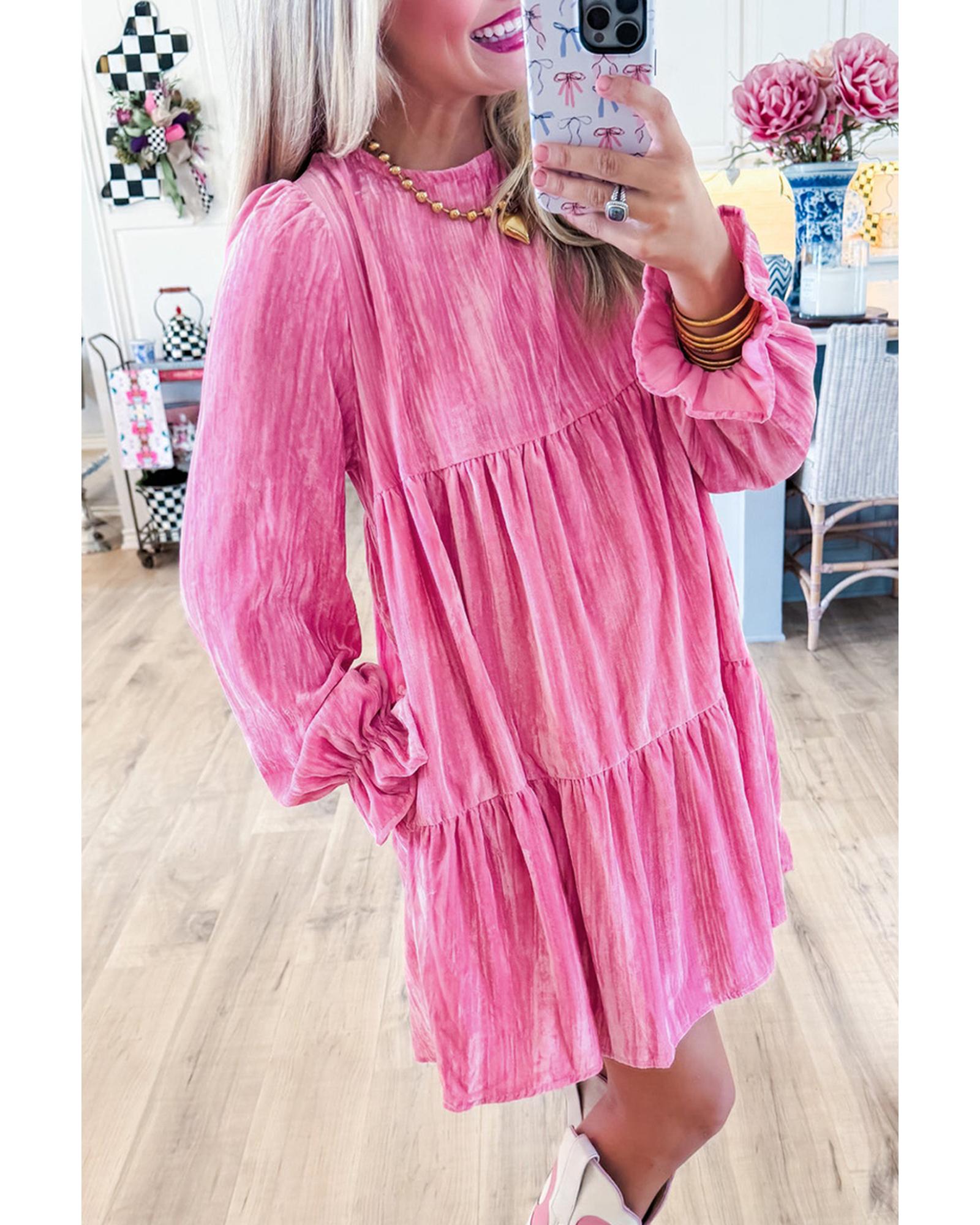 Strawberry Pink Flounce Sleeve Tiered Ruffled Velvet Mini Dress - S