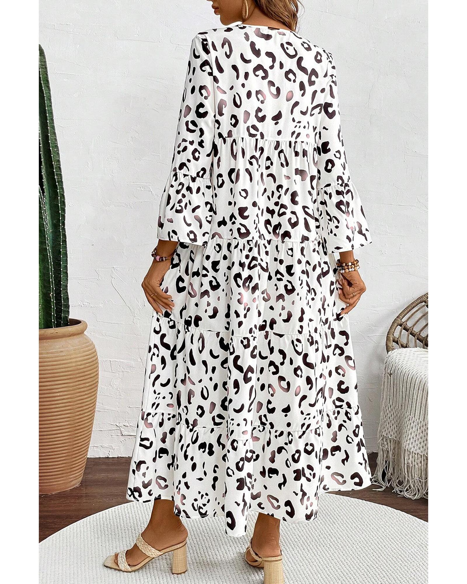 White Leopard Print Notch V Neck Loose Fit Maxi Dress - S
