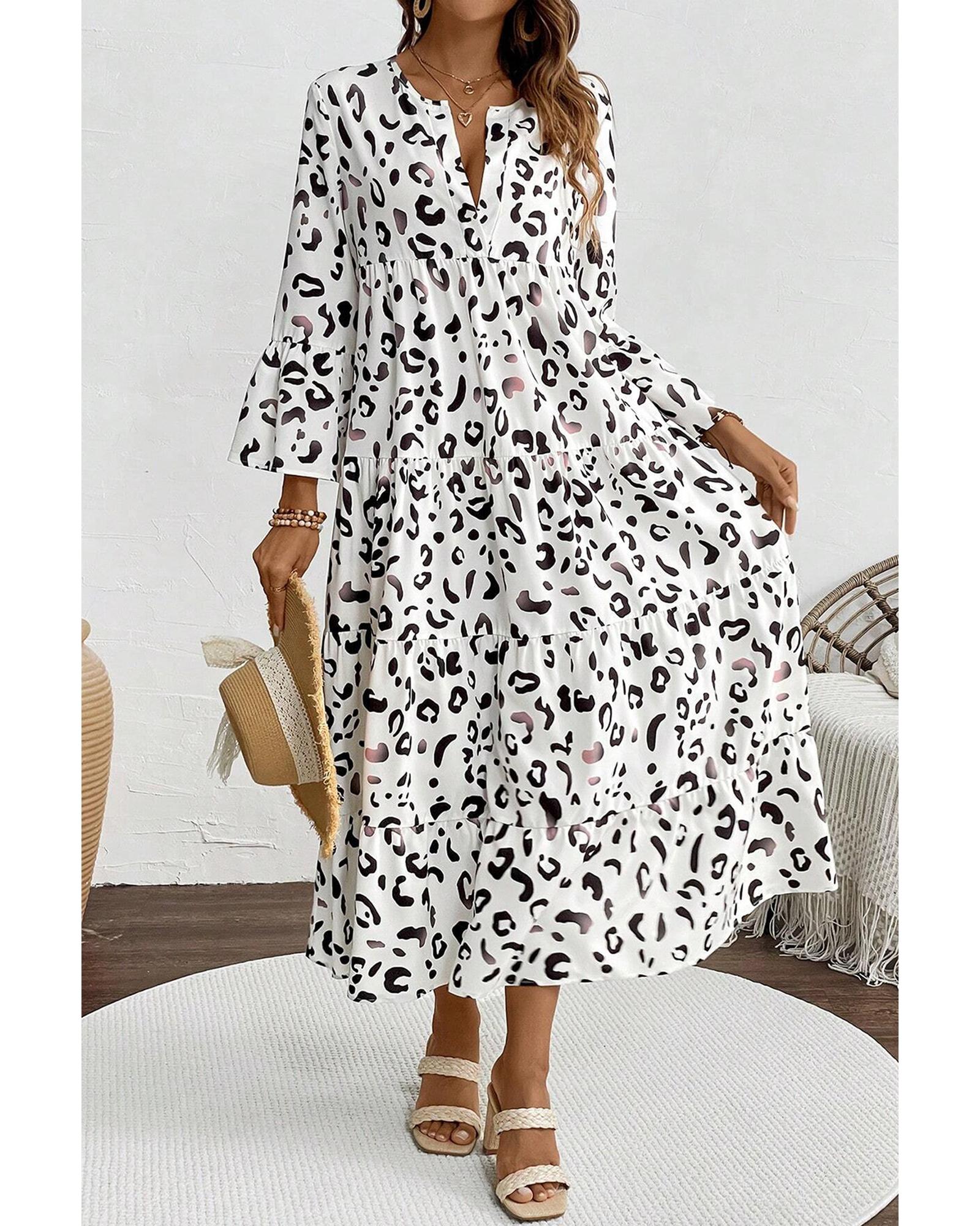 White Leopard Print Notch V Neck Loose Fit Maxi Dress - S