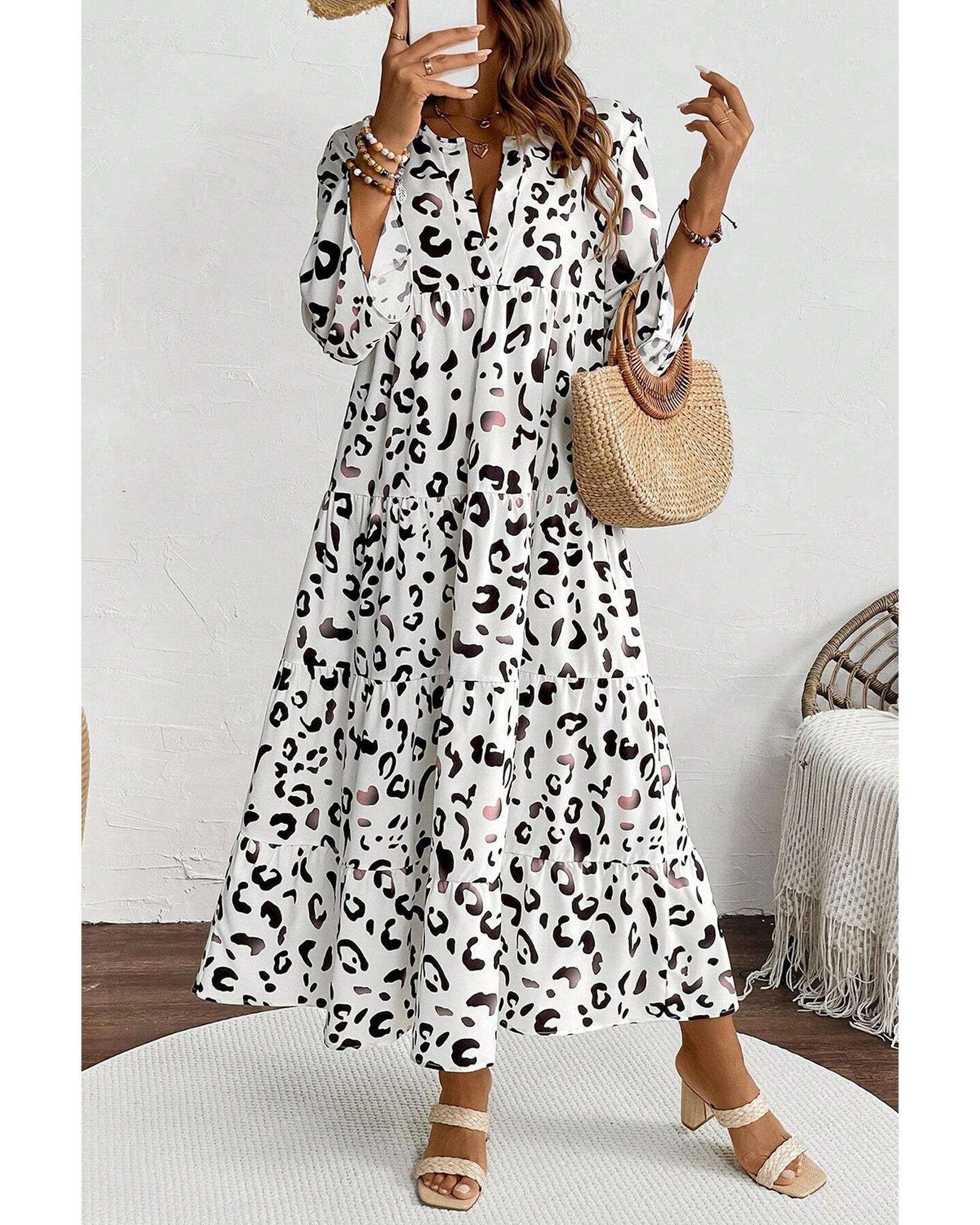 White Leopard Print Notch V Neck Loose Fit Maxi Dress - S