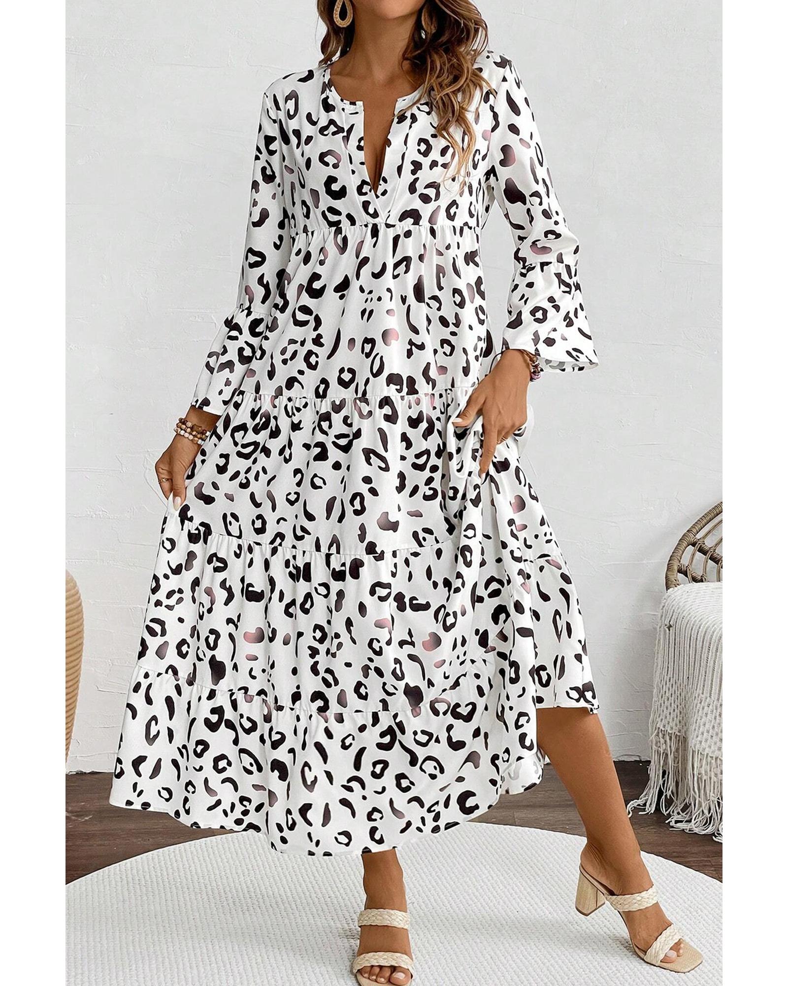 White Leopard Print Notch V Neck Loose Fit Maxi Dress - S
