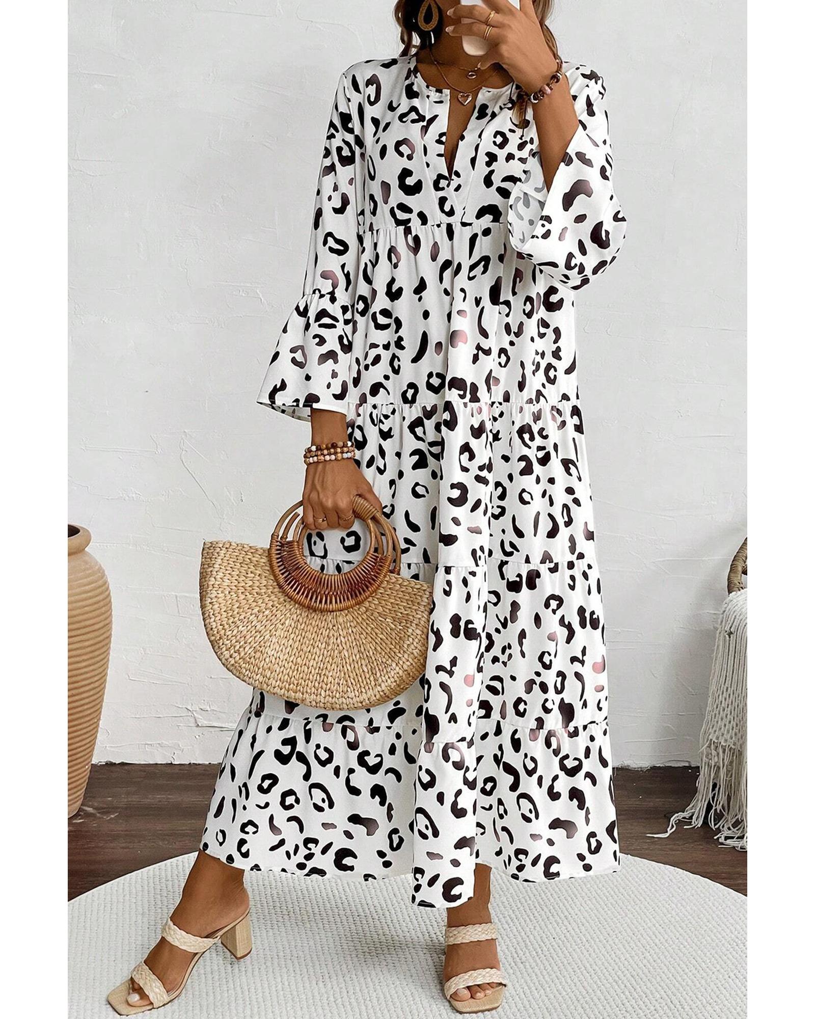 White Leopard Print Notch V Neck Loose Fit Maxi Dress - S