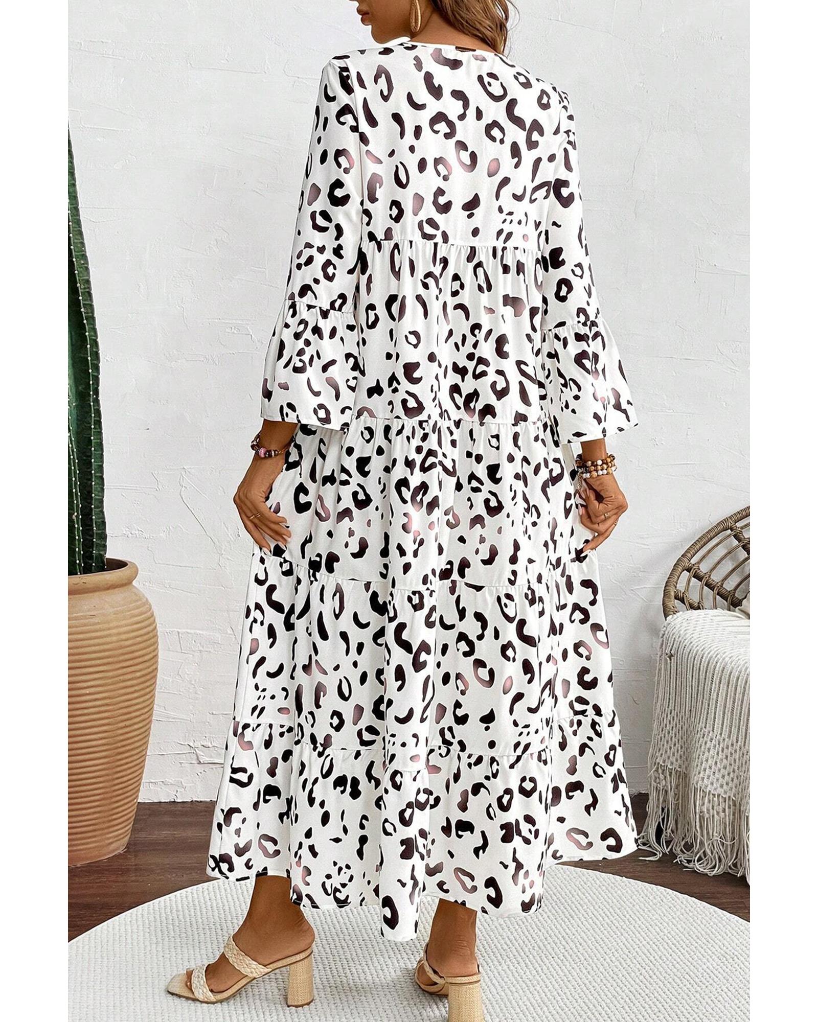 White Leopard Print Notch V Neck Loose Fit Maxi Dress - S