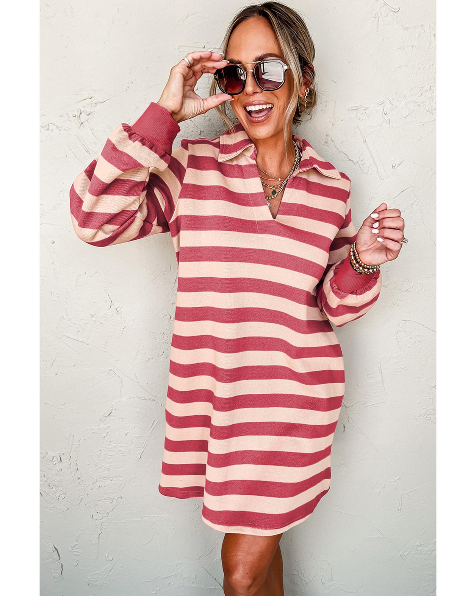 Pink Stripe Collared V Neck Long Sleeve Loose Casual Dress - M