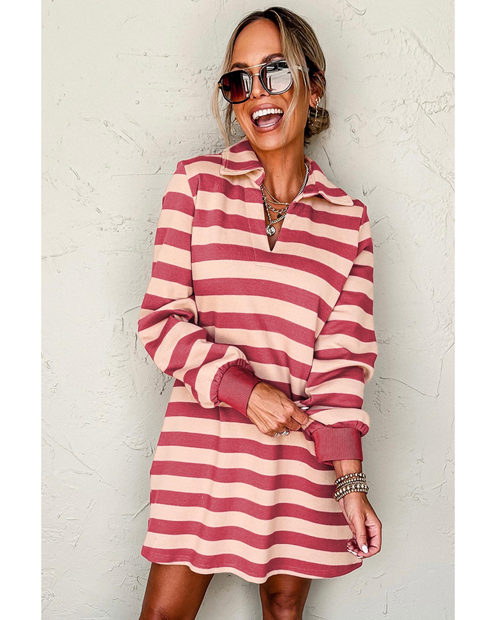 Pink Stripe Collared V Neck Long Sleeve Loose Casual Dress - M