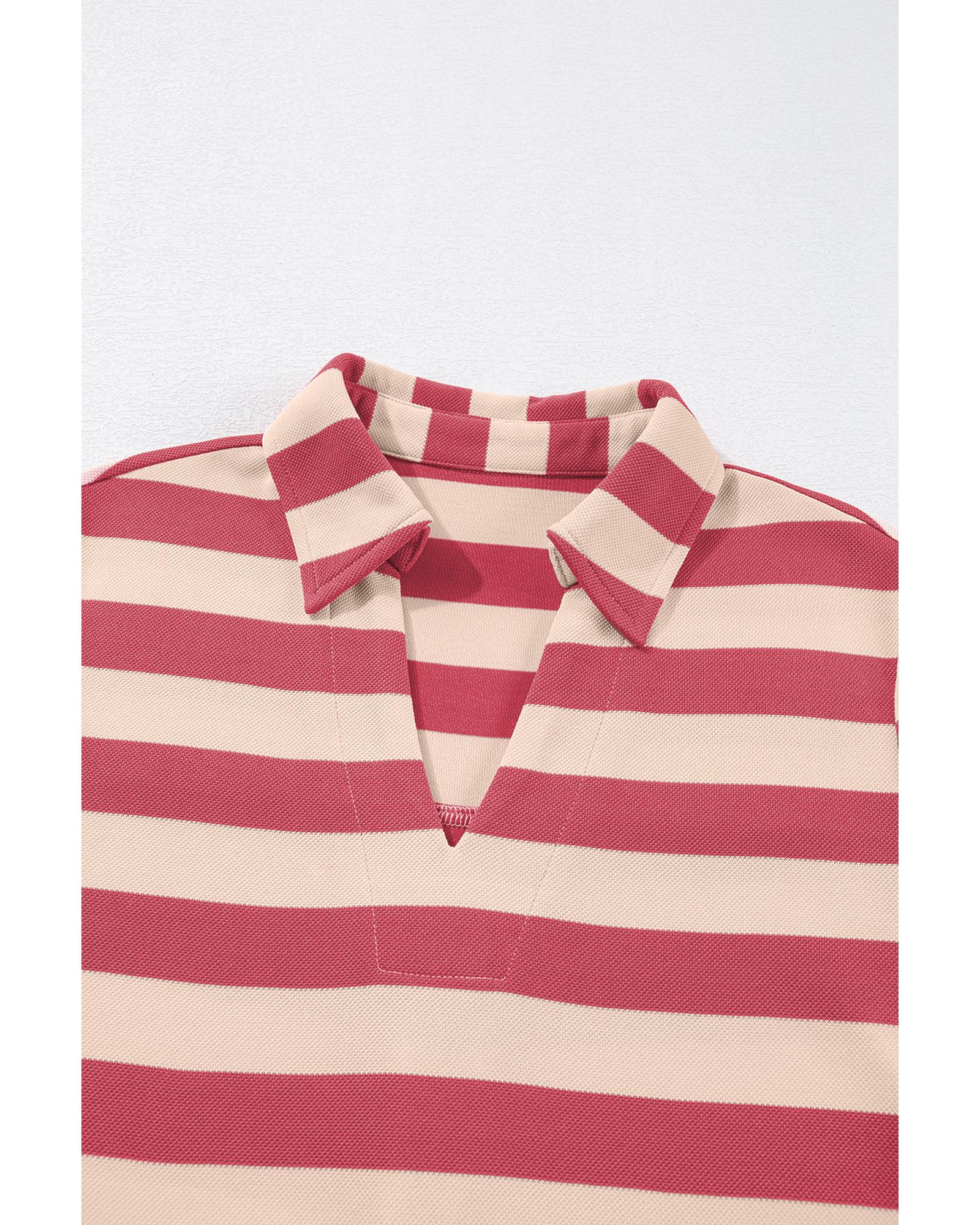 Pink Stripe Collared V Neck Long Sleeve Loose Casual Dress - M