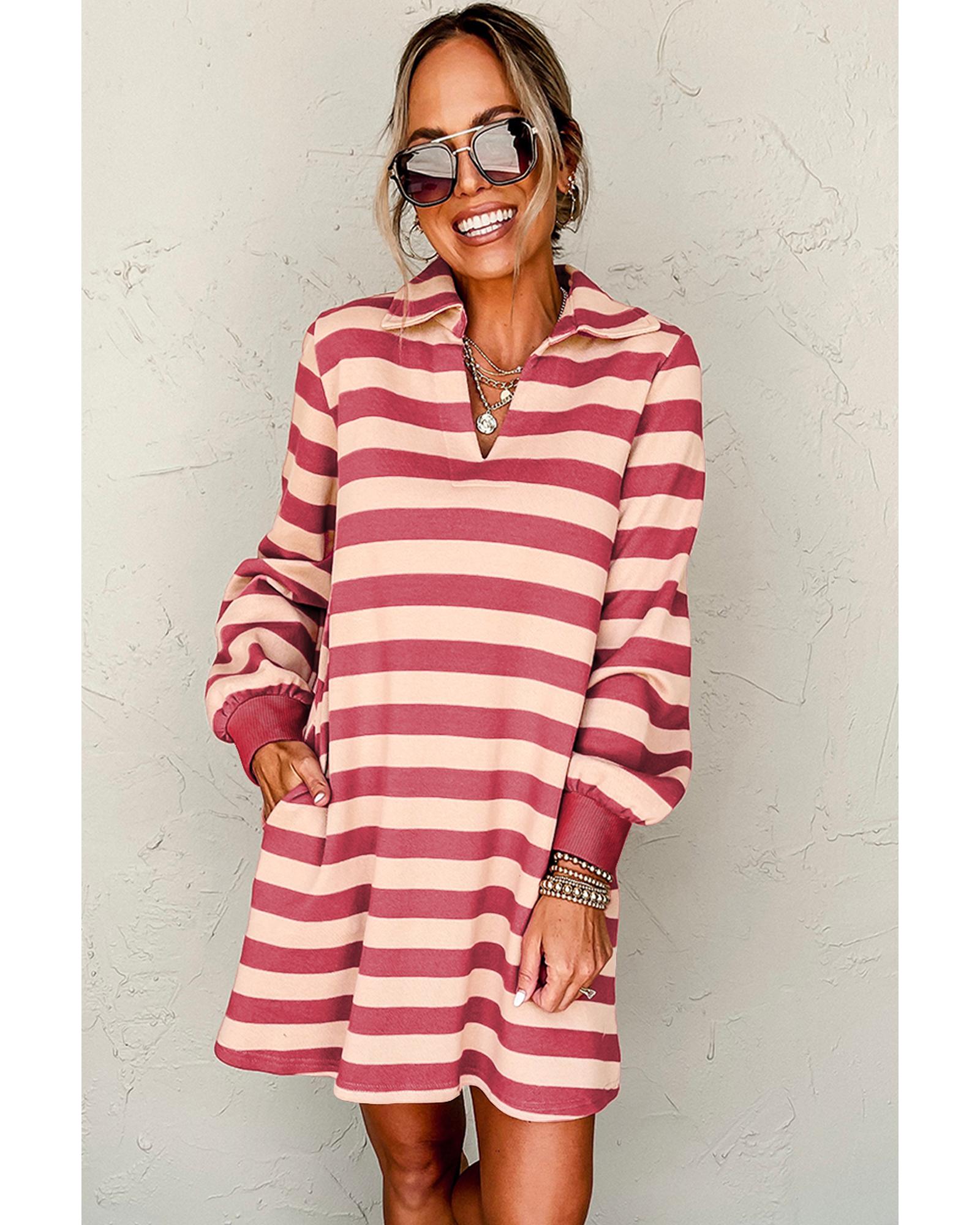 Pink Stripe Collared V Neck Long Sleeve Loose Casual Dress - S