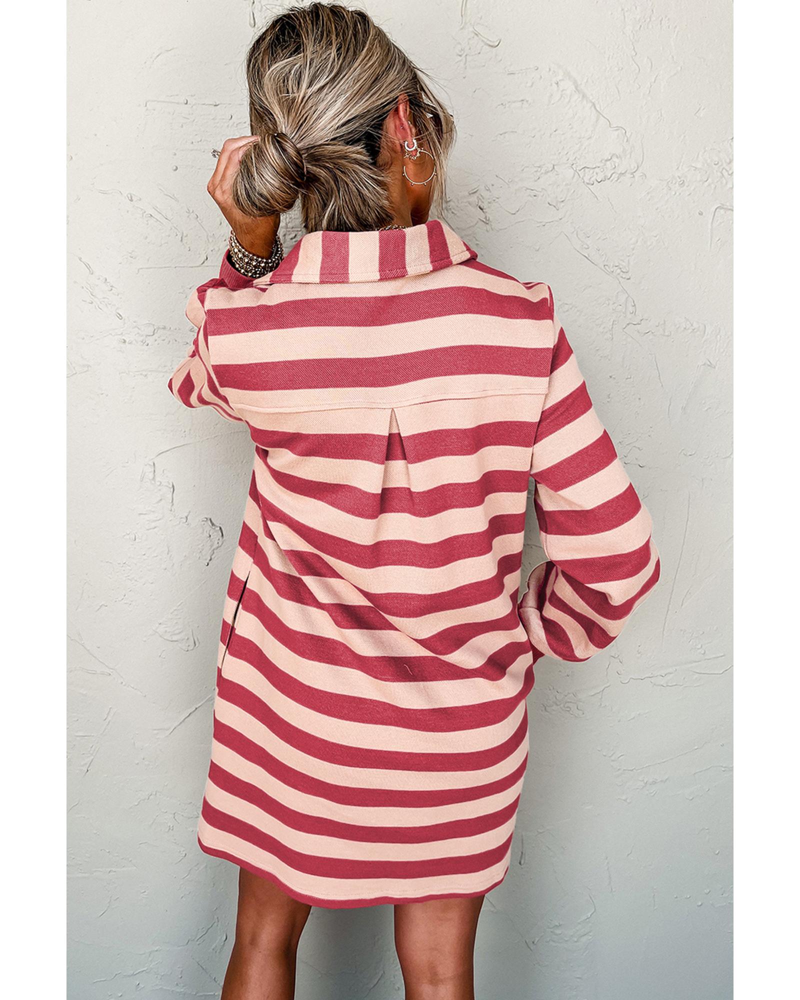 Pink Stripe Collared V Neck Long Sleeve Loose Casual Dress - S