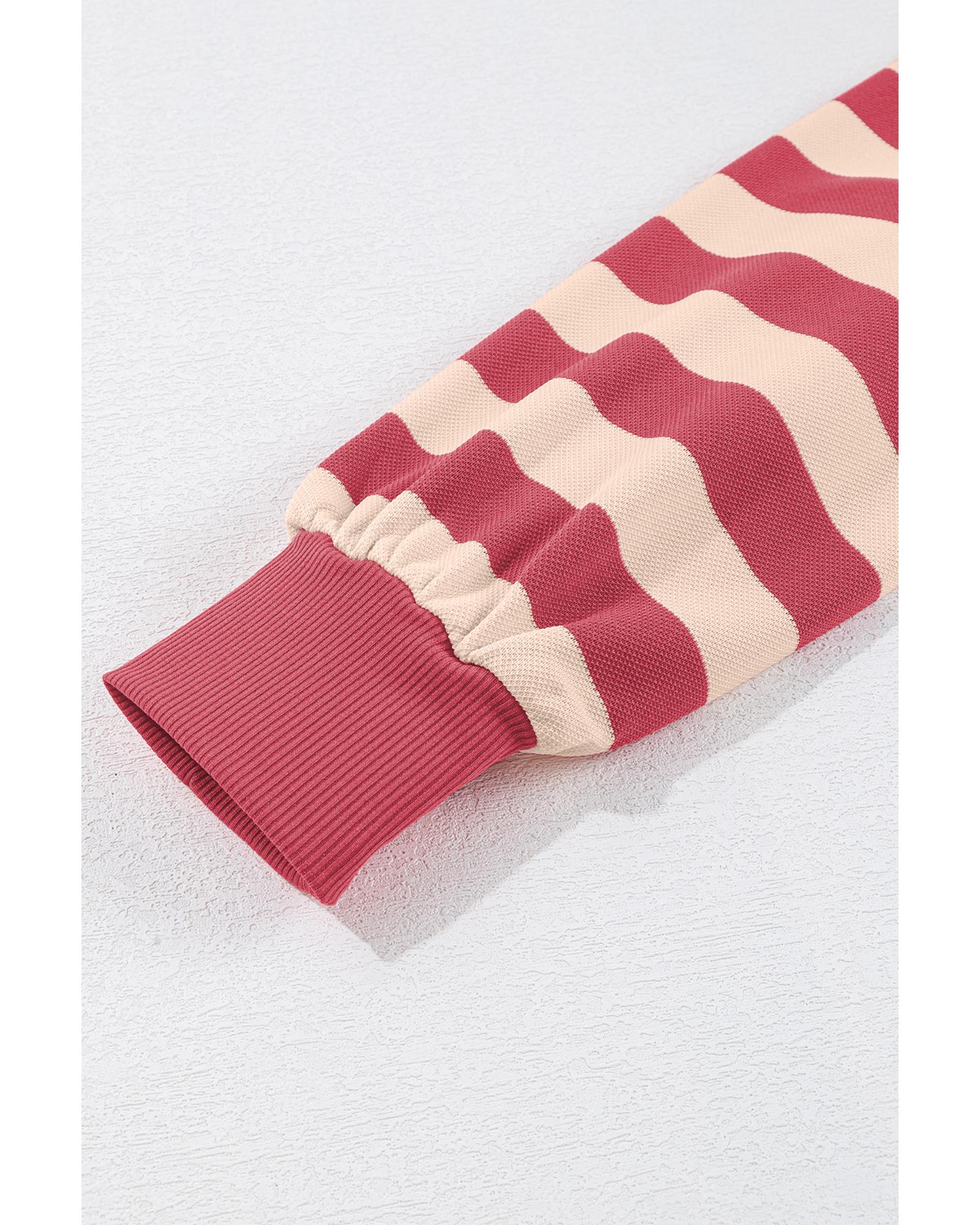 Pink Stripe Collared V Neck Long Sleeve Loose Casual Dress - S