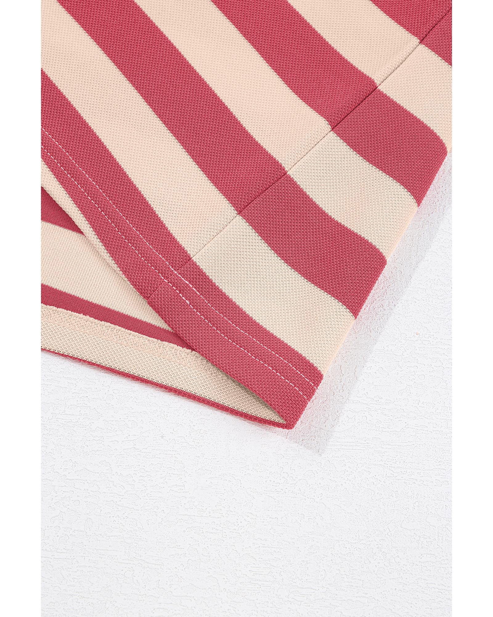 Pink Stripe Collared V Neck Long Sleeve Loose Casual Dress - S