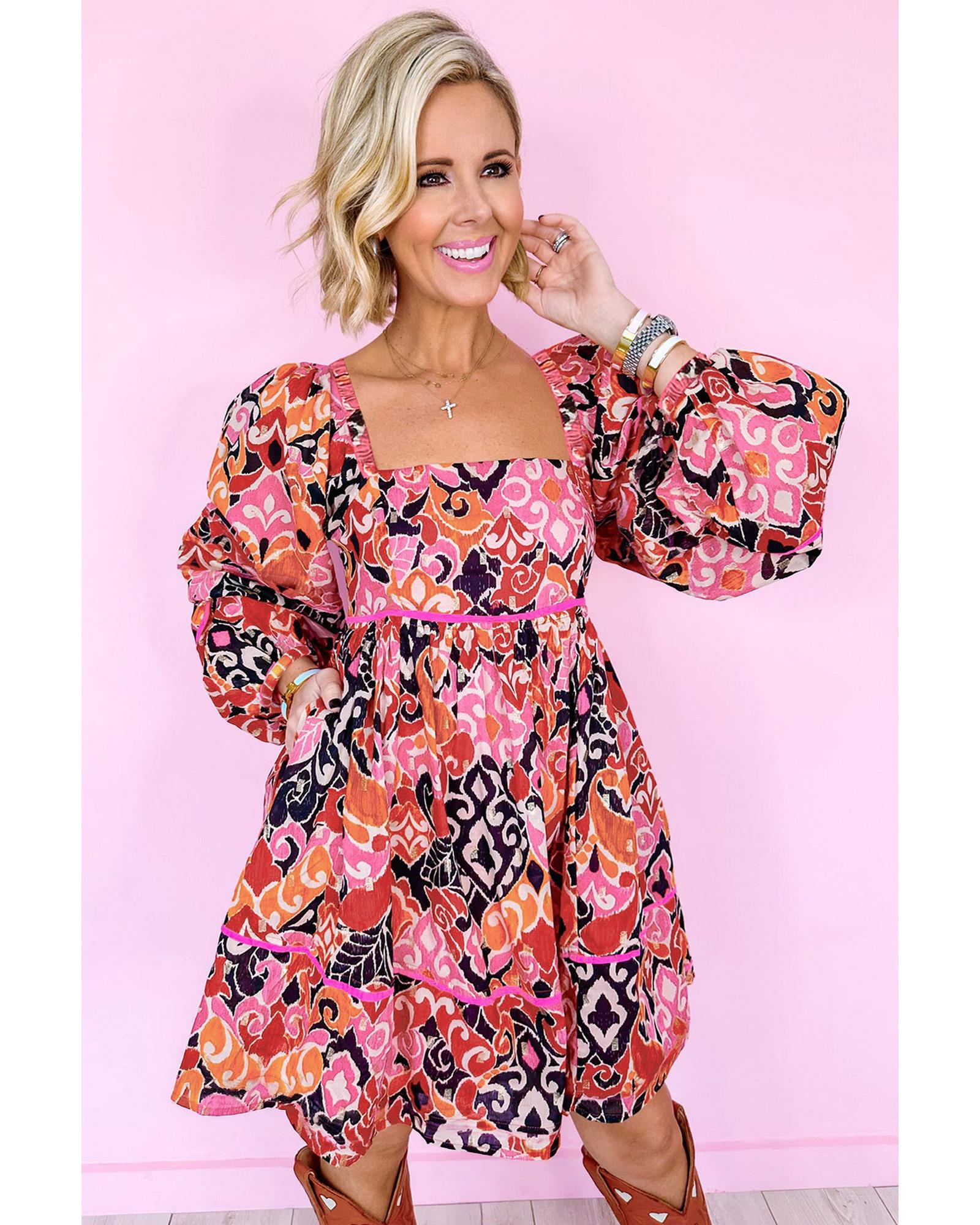Pink Bohemian Square Neck Puff Sleeve Mini Dress - L