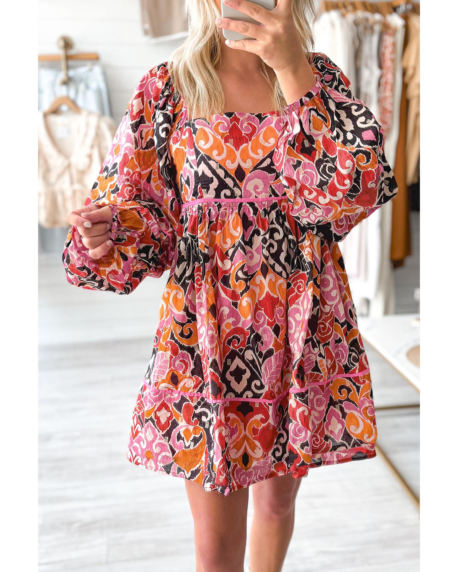 Pink Bohemian Square Neck Puff Sleeve Mini Dress - L