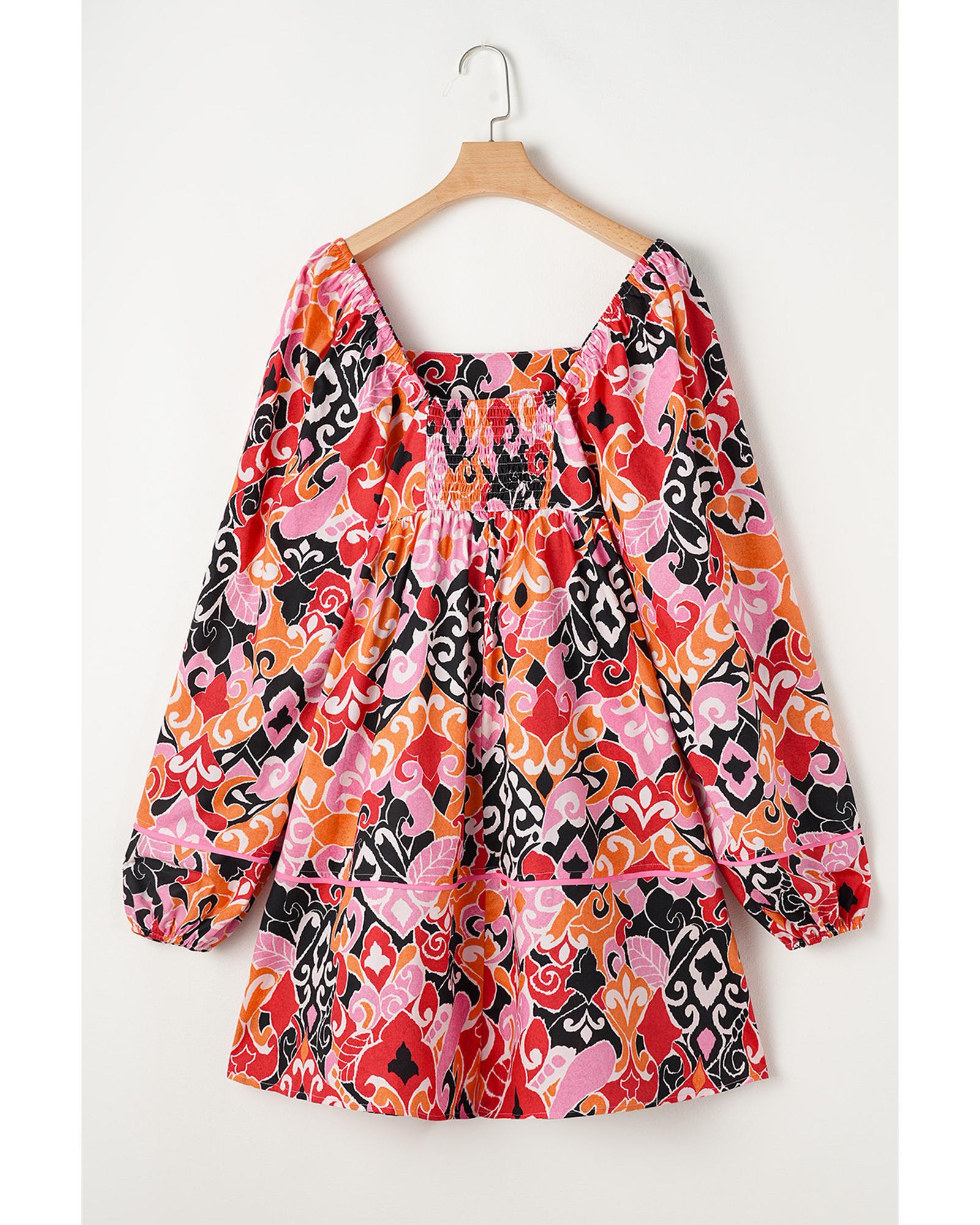 Pink Bohemian Square Neck Puff Sleeve Mini Dress - S