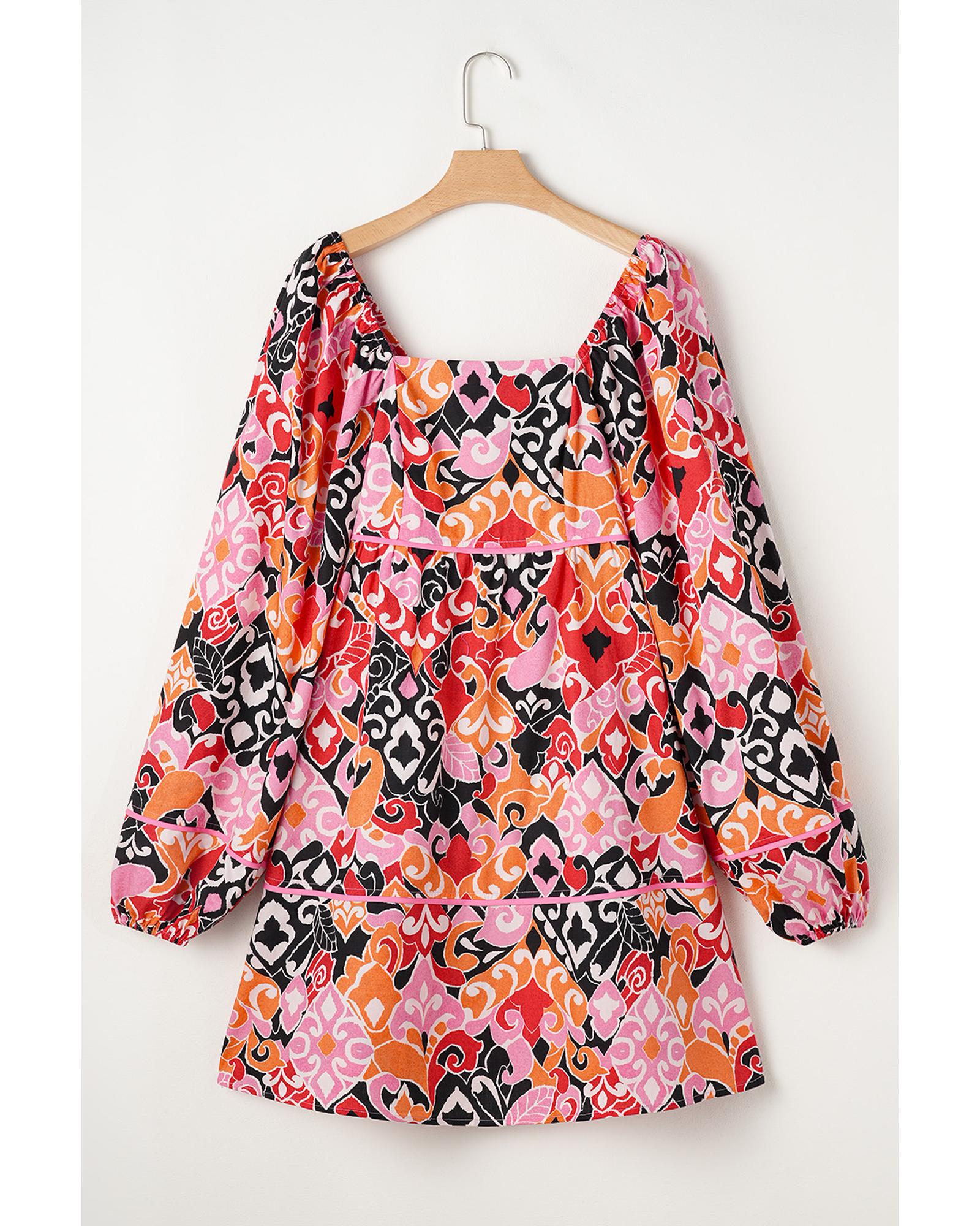 Pink Bohemian Square Neck Puff Sleeve Mini Dress - S