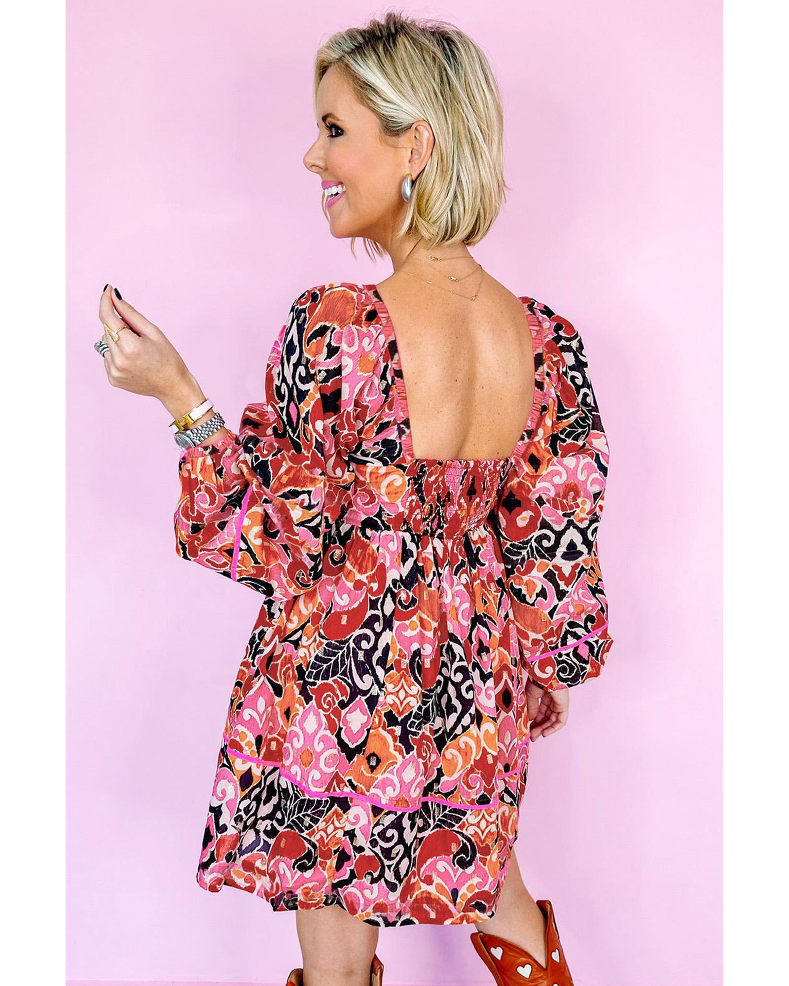 Pink Bohemian Square Neck Puff Sleeve Mini Dress - S