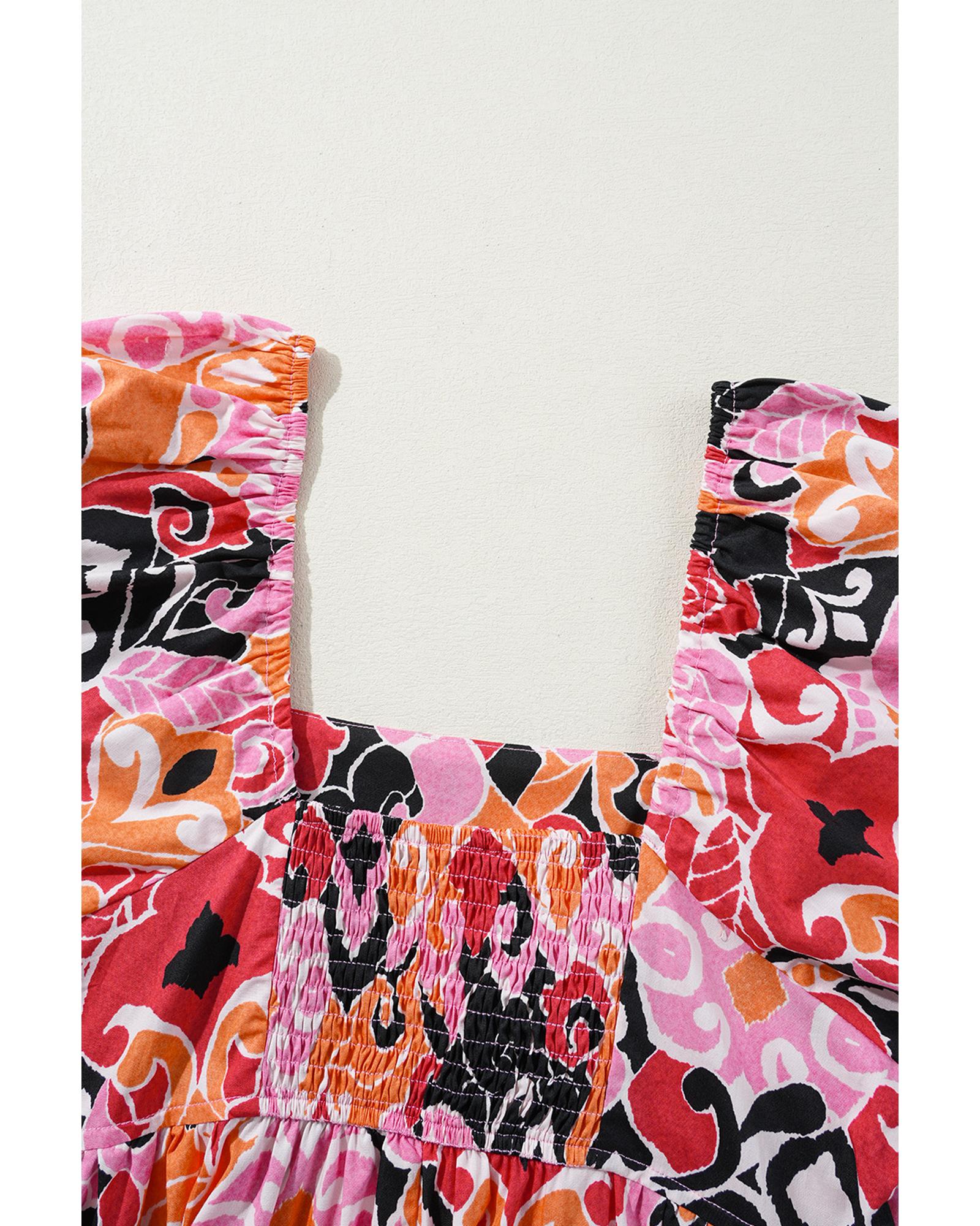 Pink Bohemian Square Neck Puff Sleeve Mini Dress - XL