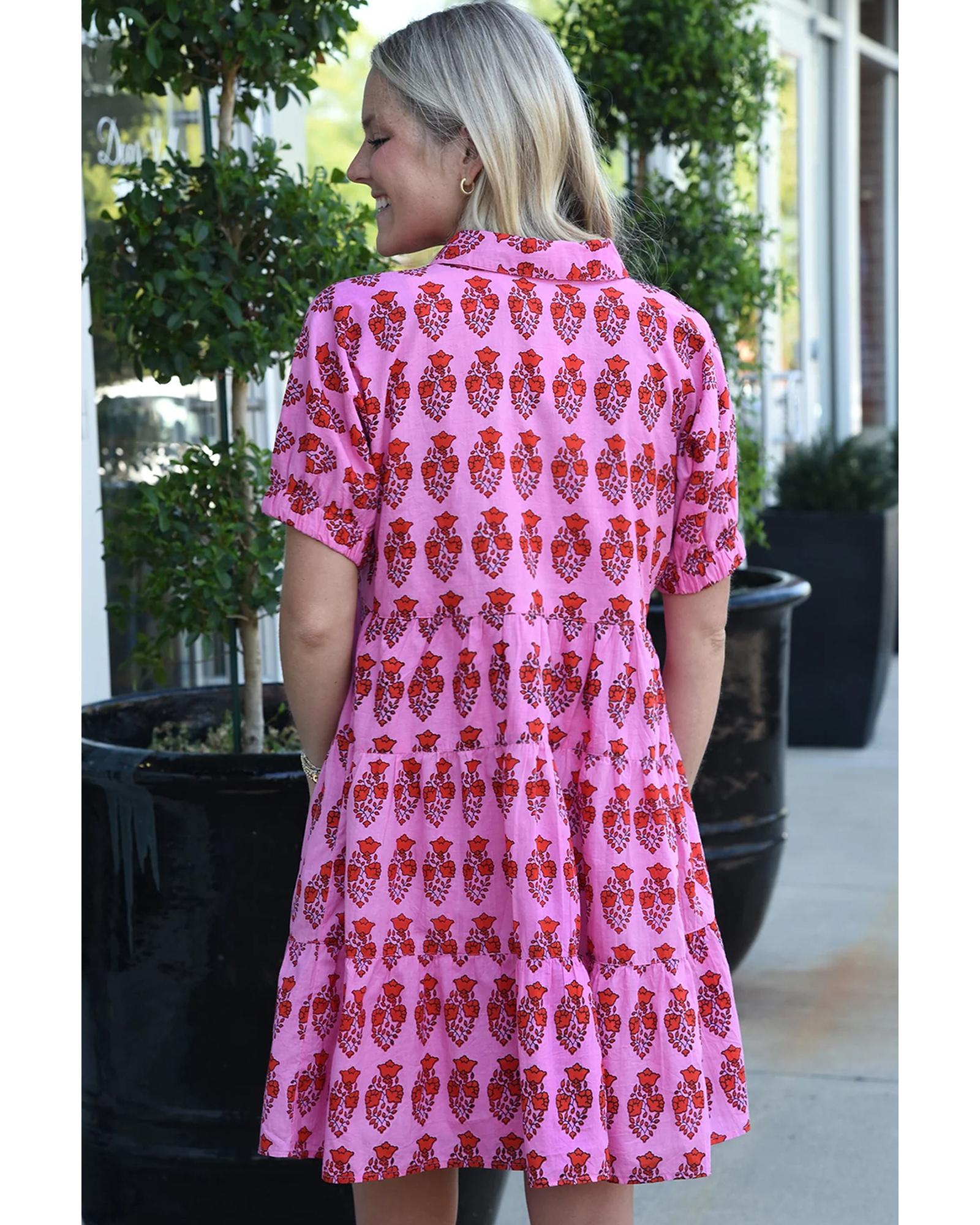 Sachet Pink Floral Print Multi Buttons Collared Short Sleeve Flowy Dress - S