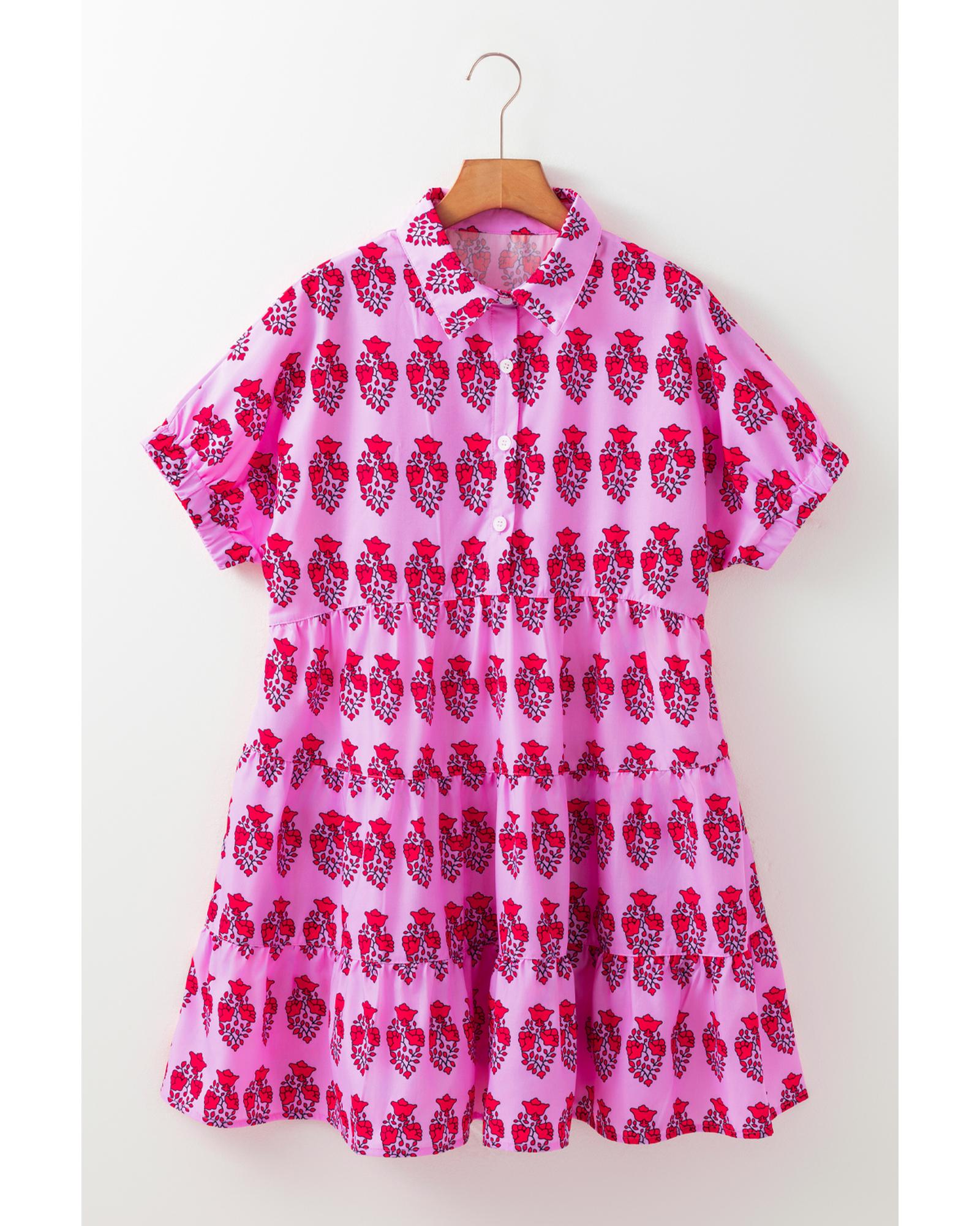 Sachet Pink Floral Print Multi Buttons Collared Short Sleeve Flowy Dress - XL