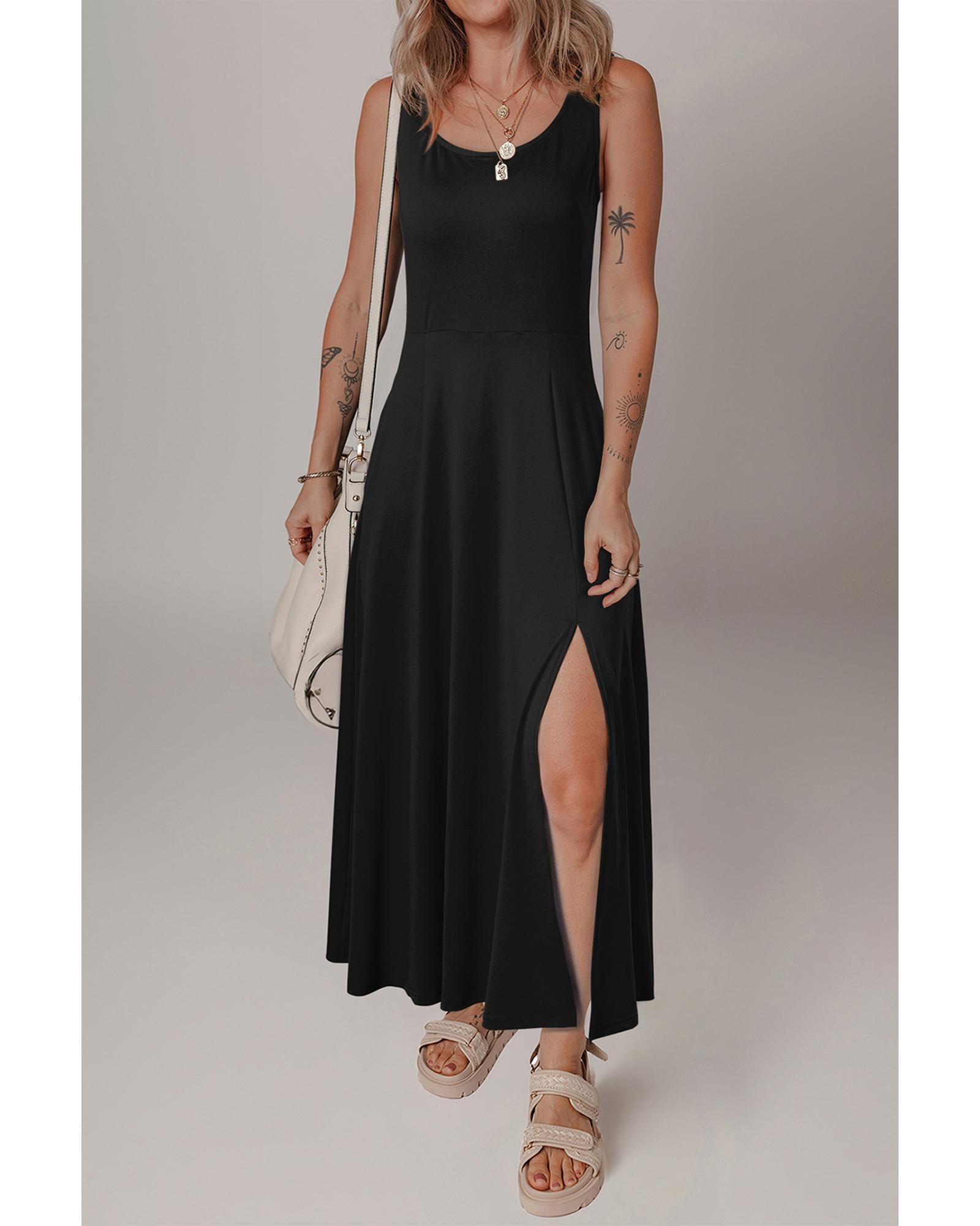 Black Sleeveless Scoop Neck Flared Split Midi Dress - L